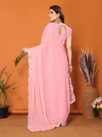 SHYAMIKA Georgette Mirror Work Plain Saree with Blouse