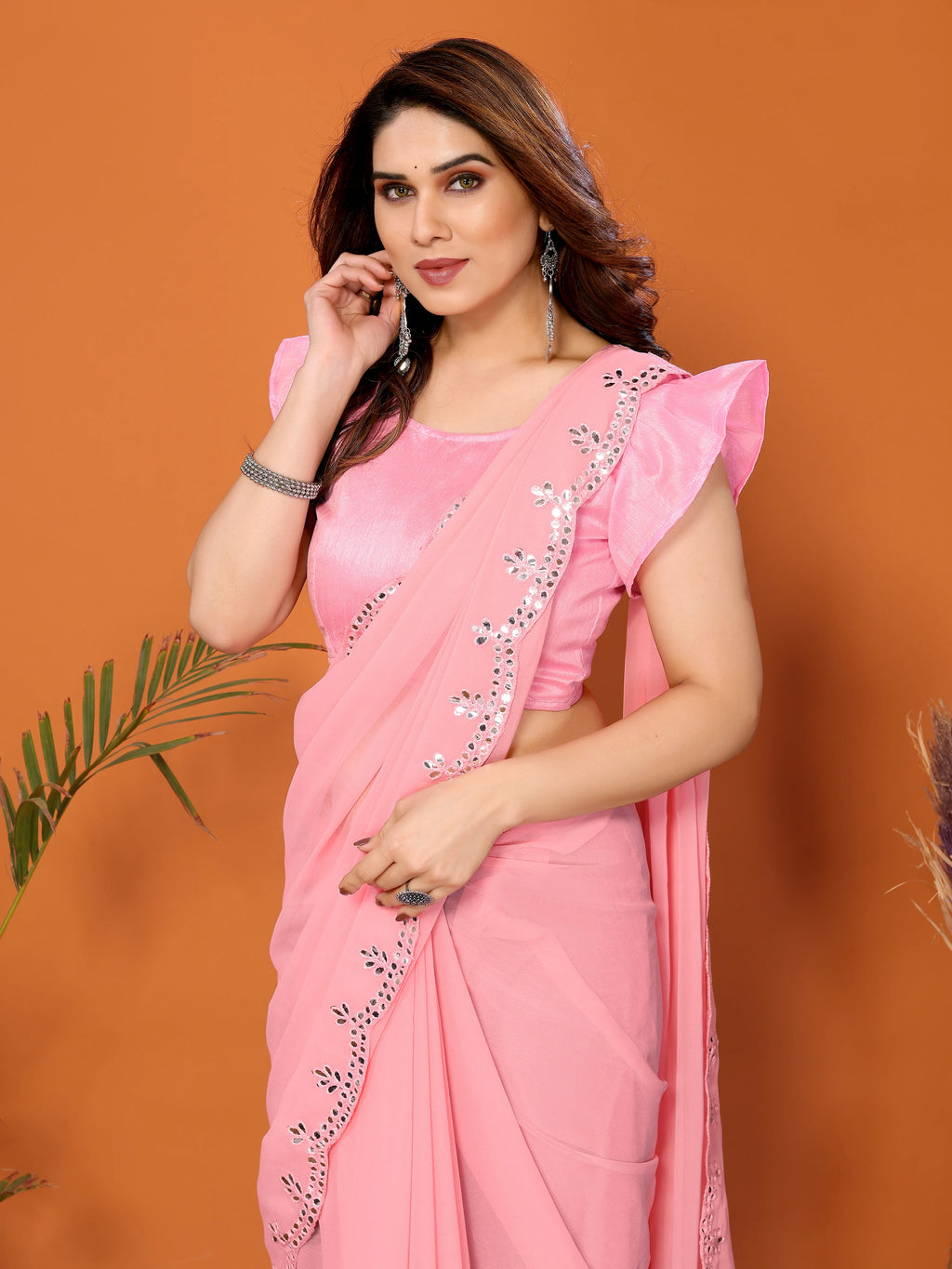 SHYAMIKA Georgette Mirror Work Plain Saree with Blouse