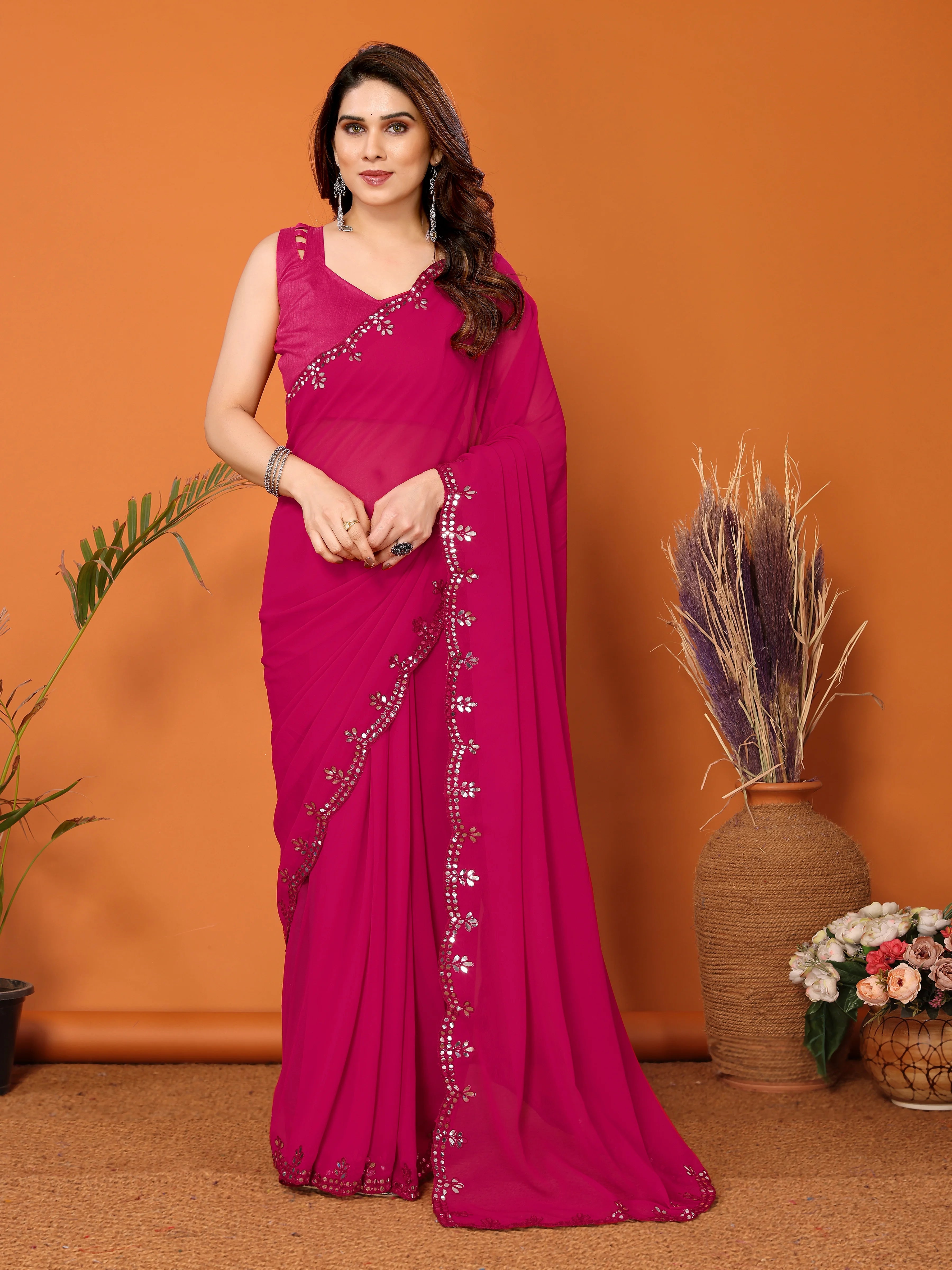 SHYAMIKA Georgette Mirror Work Plain Saree with Blouse
