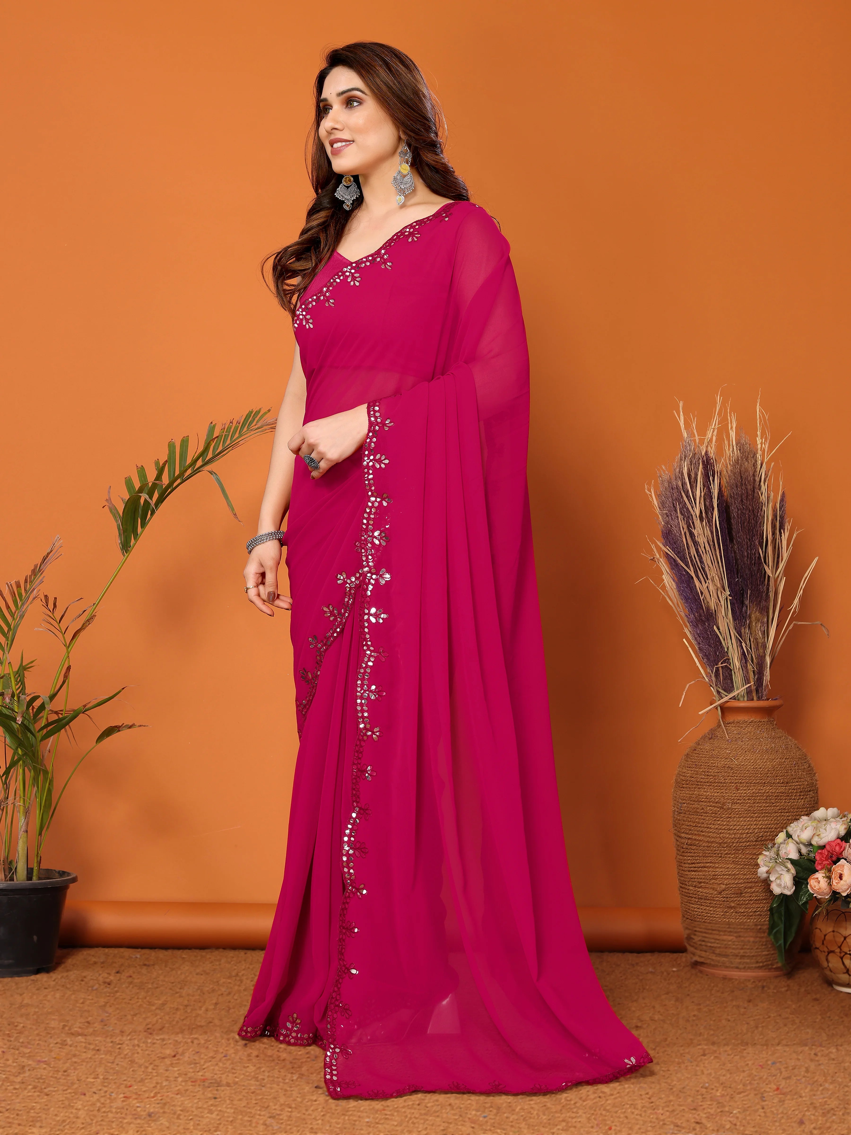 SHYAMIKA Georgette Mirror Work Plain Saree with Blouse