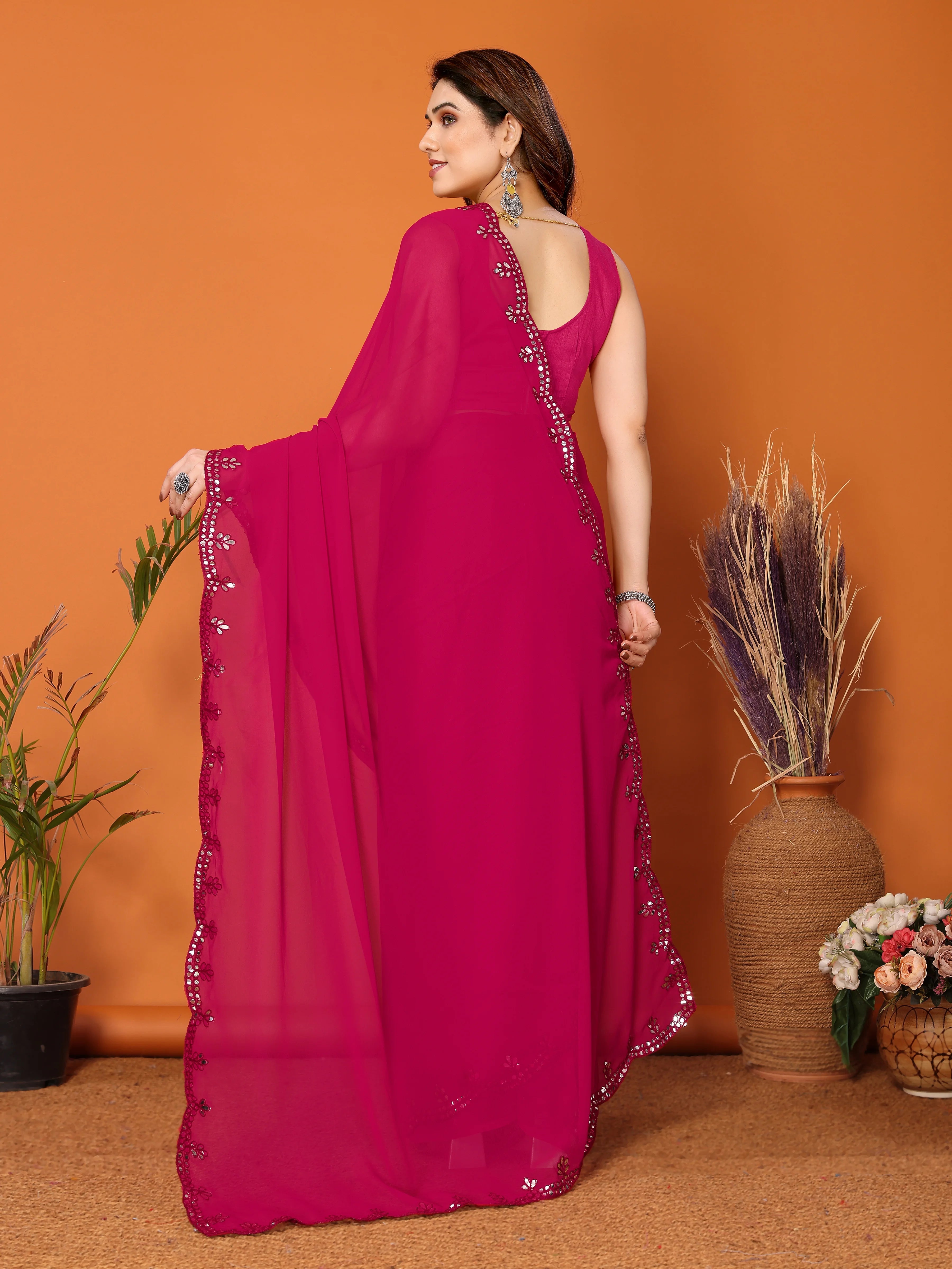 SHYAMIKA Georgette Mirror Work Plain Saree with Blouse