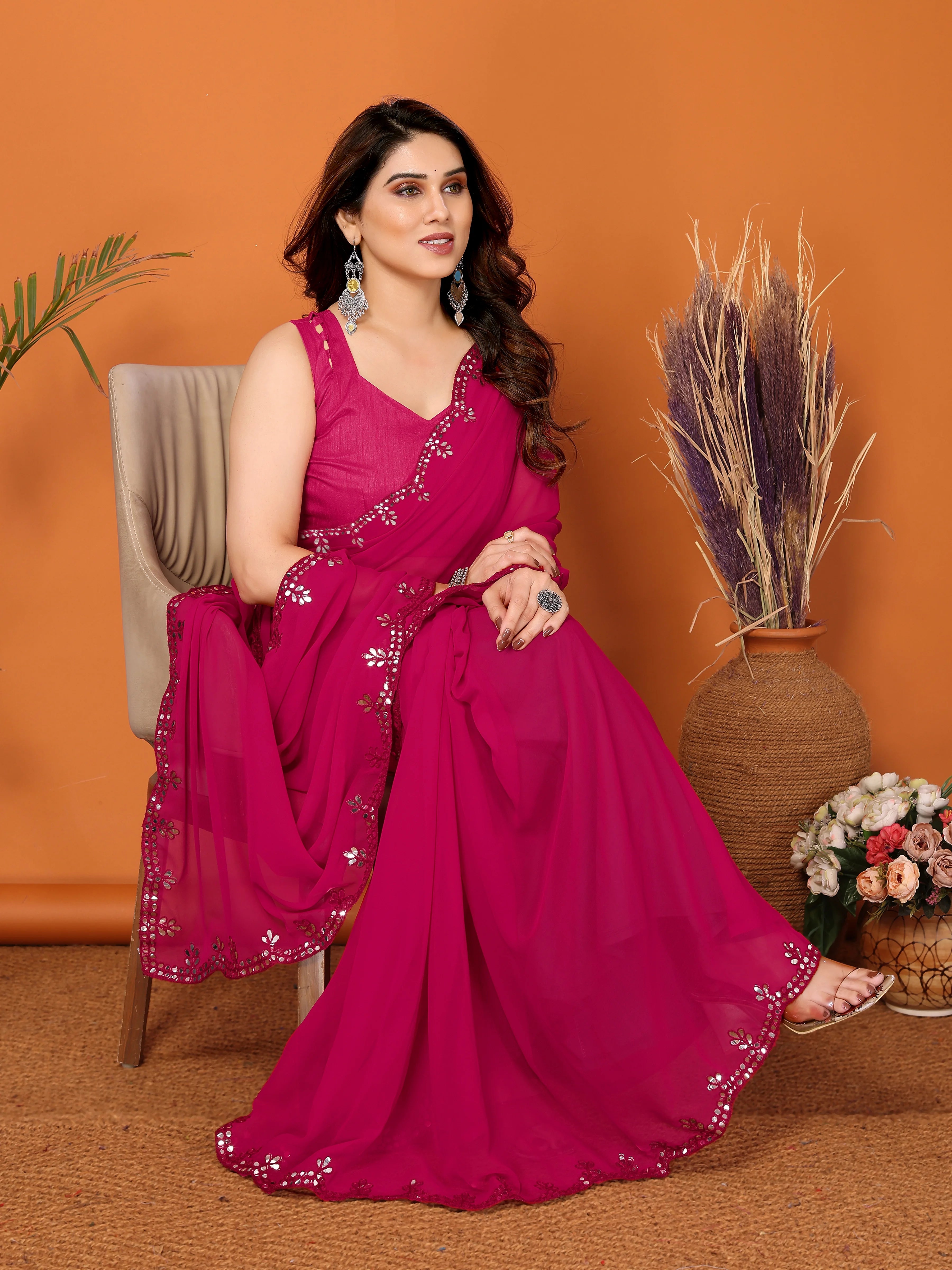 SHYAMIKA Georgette Mirror Work Plain Saree with Blouse