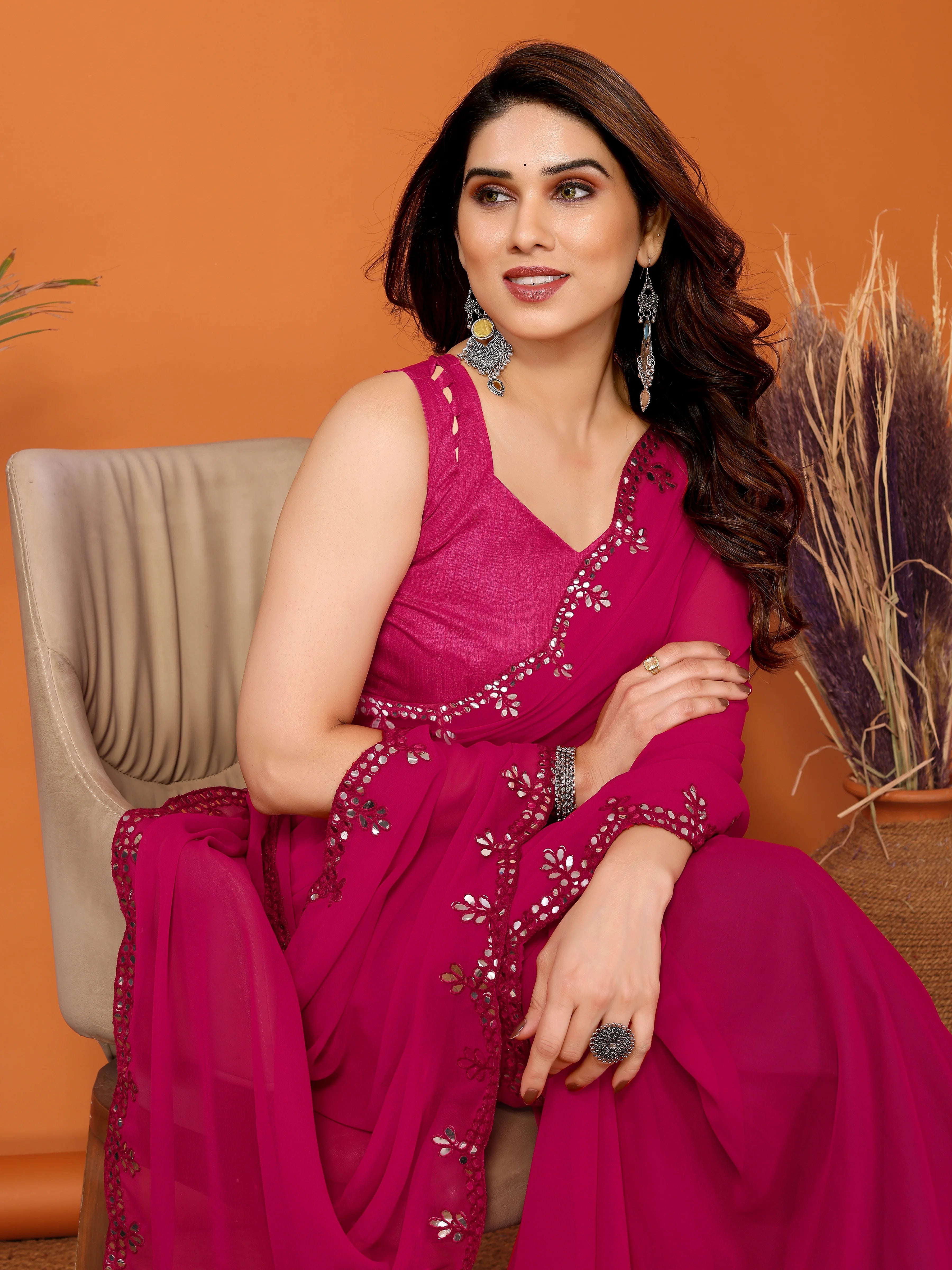 SHYAMIKA Georgette Mirror Work Plain Saree with Blouse