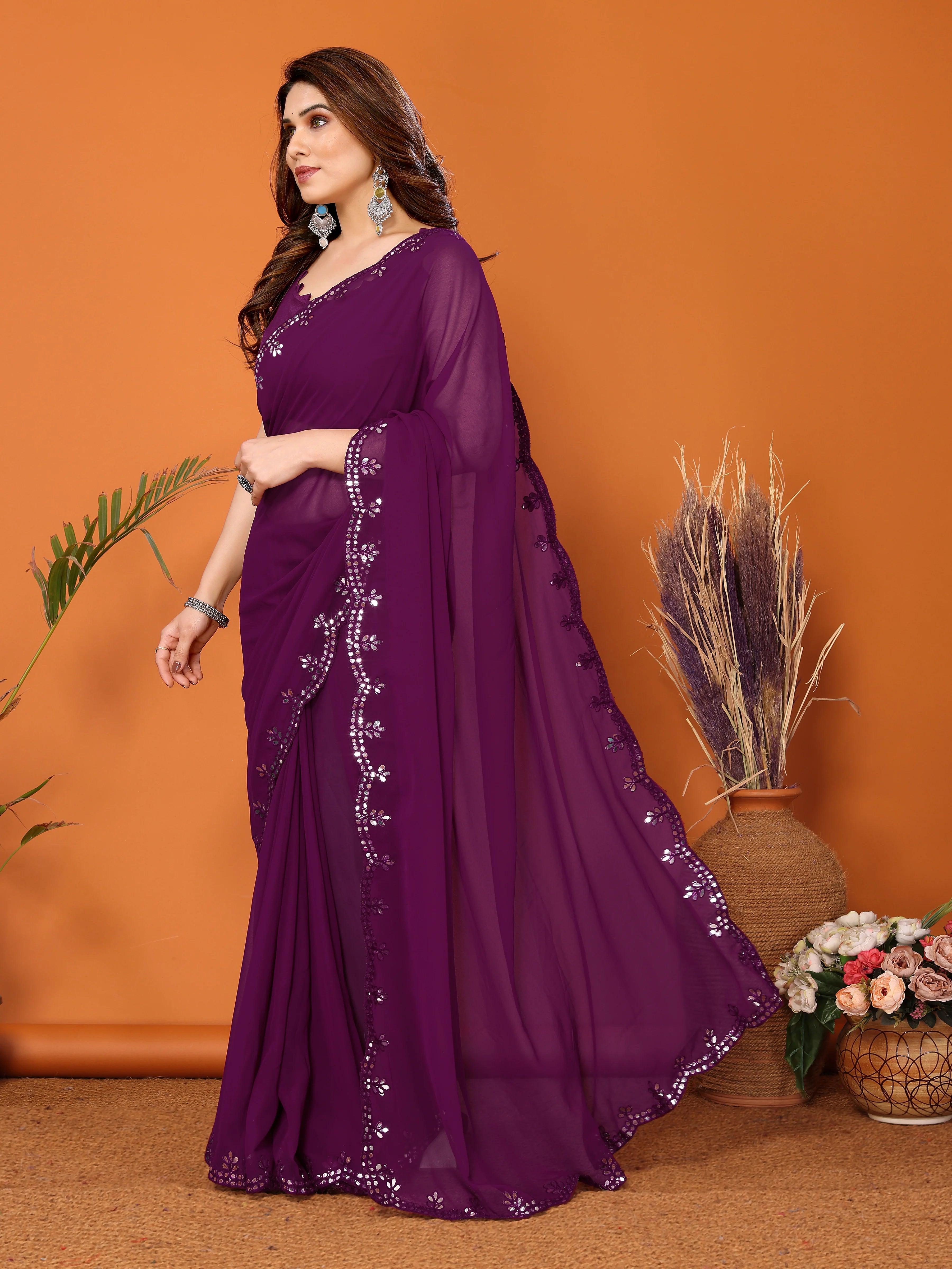 SHYAMIKA Georgette Mirror Work Plain Saree with Blouse
