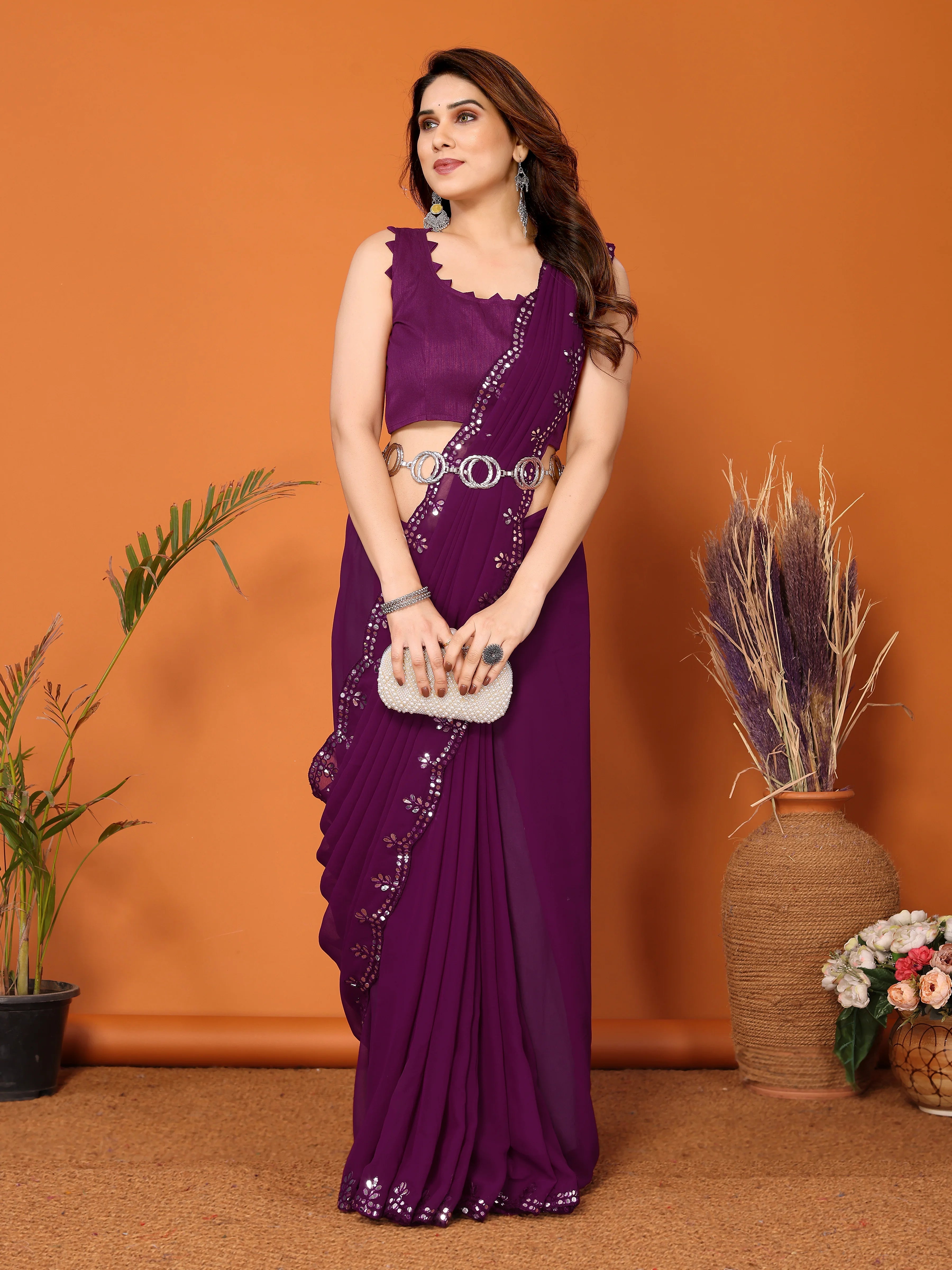 SHYAMIKA Georgette Mirror Work Plain Saree with Blouse