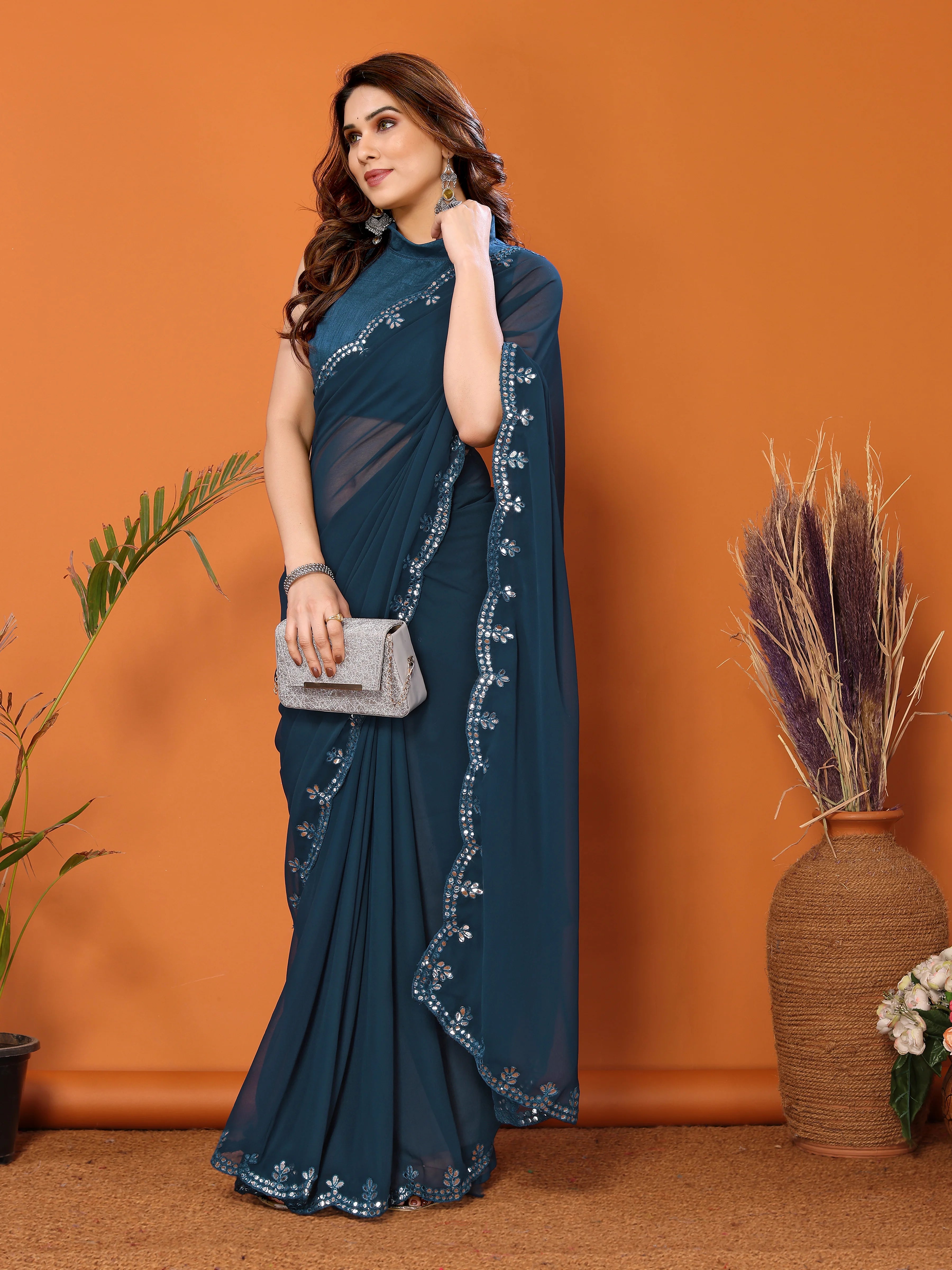 SHYAMIKA Georgette Mirror Work Plain Saree with Blouse