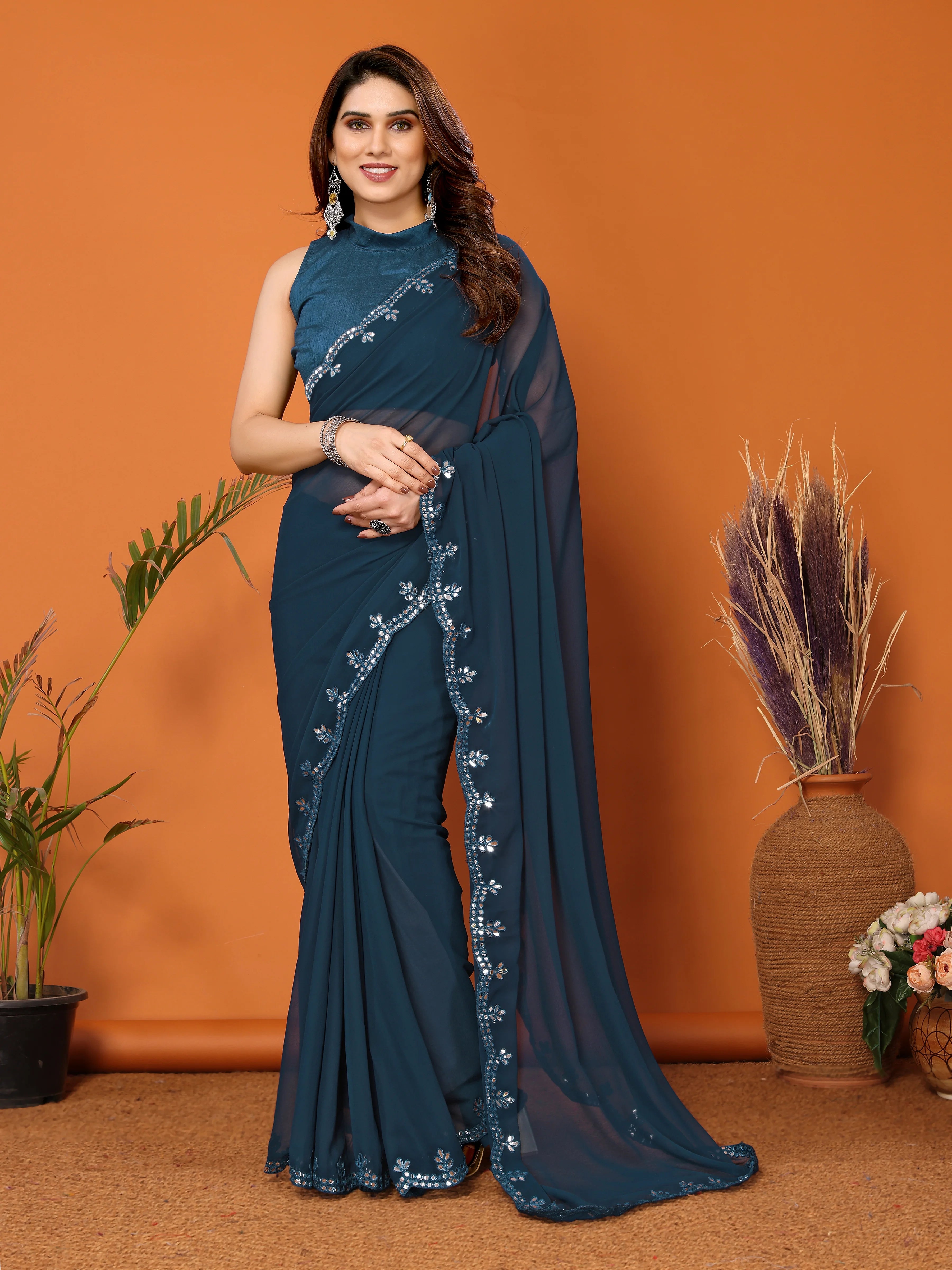 SHYAMIKA Georgette Mirror Work Plain Saree with Blouse
