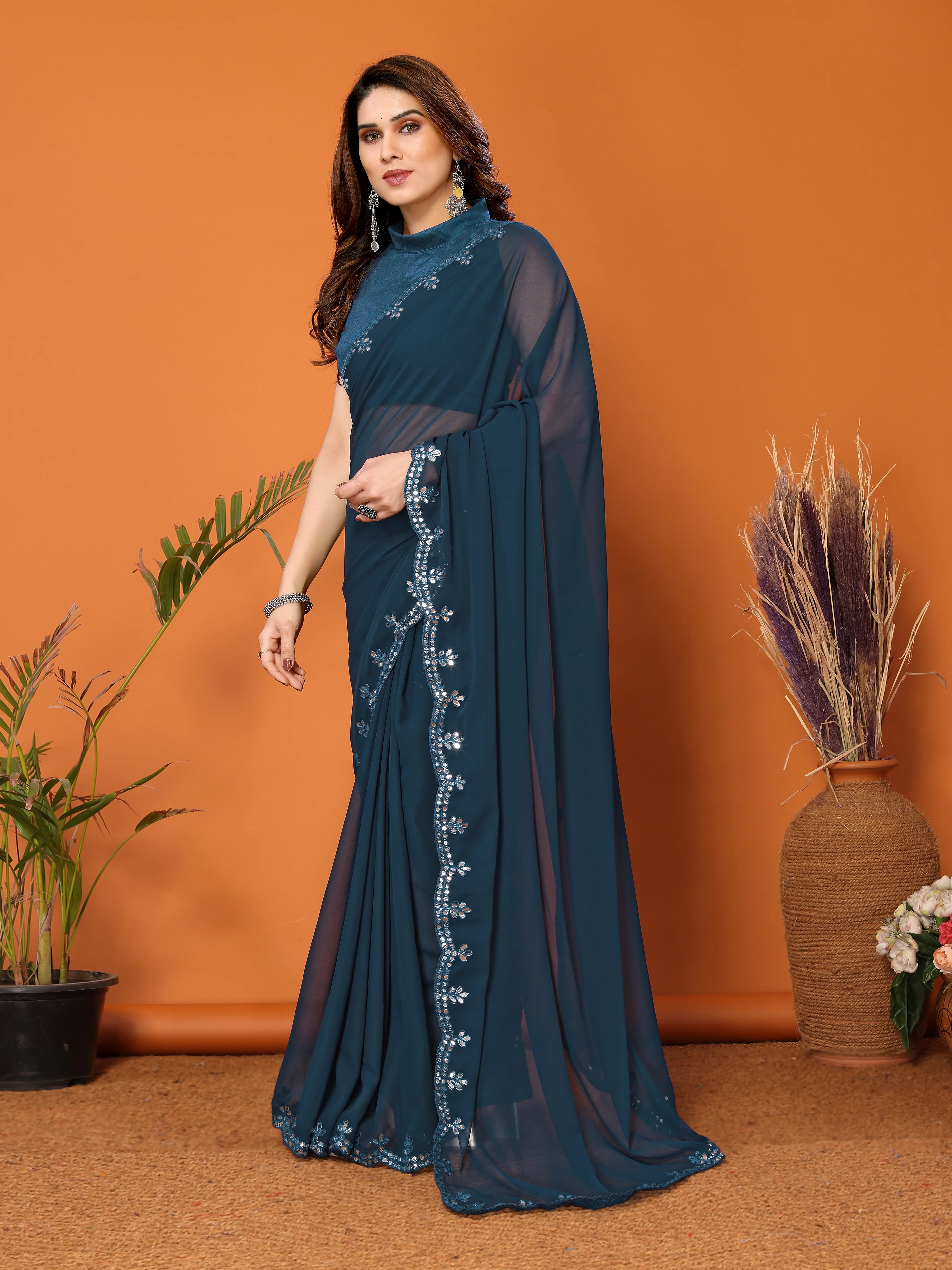 SHYAMIKA Georgette Mirror Work Plain Saree with Blouse
