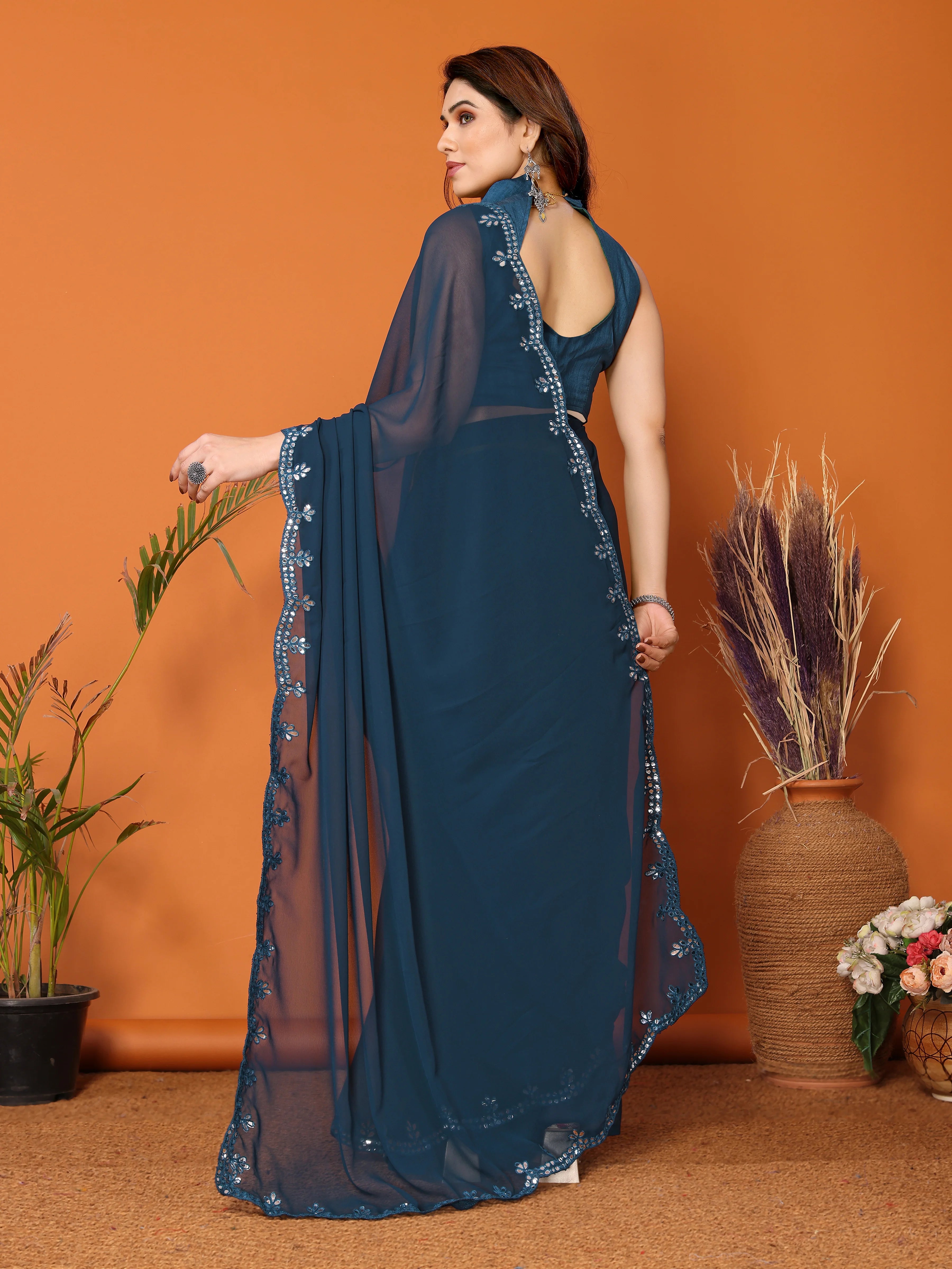 SHYAMIKA Georgette Mirror Work Plain Saree with Blouse