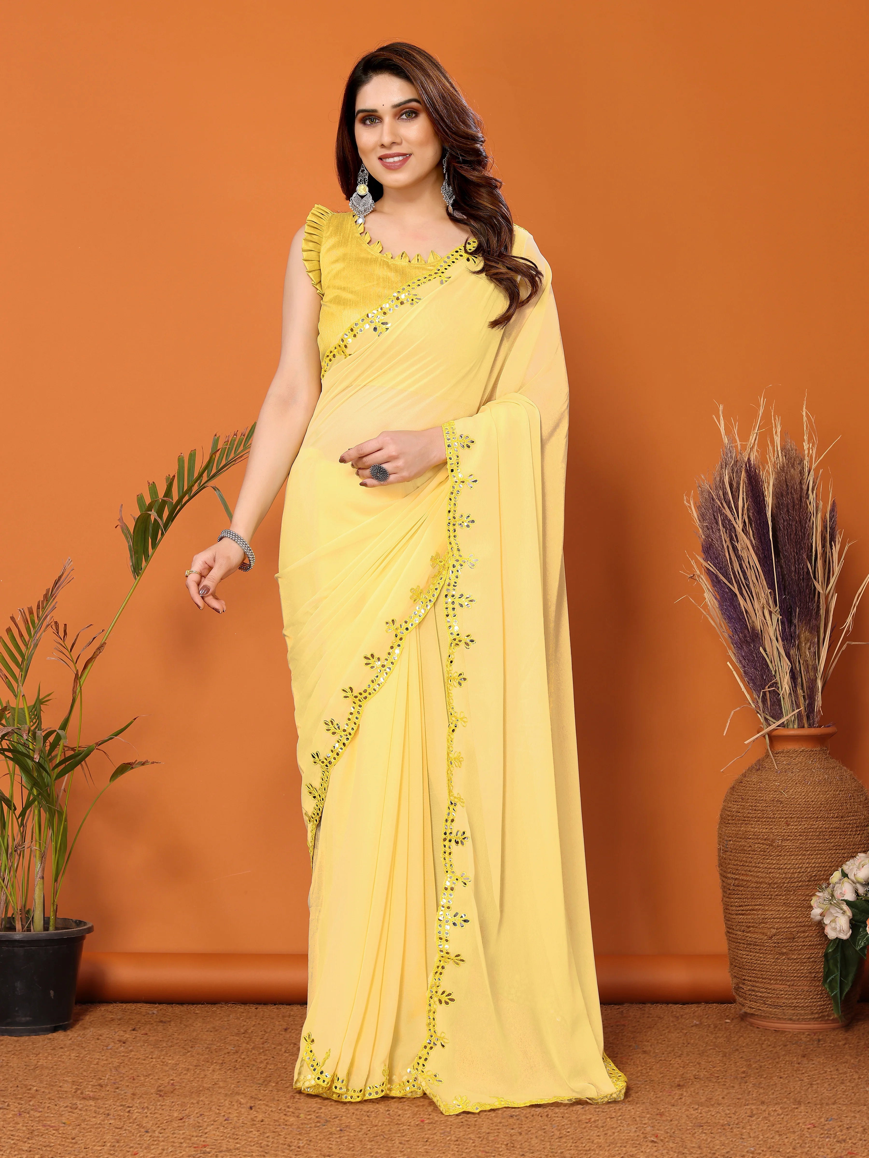 SHYAMIKA Georgette Mirror Work Plain Saree with Blouse
