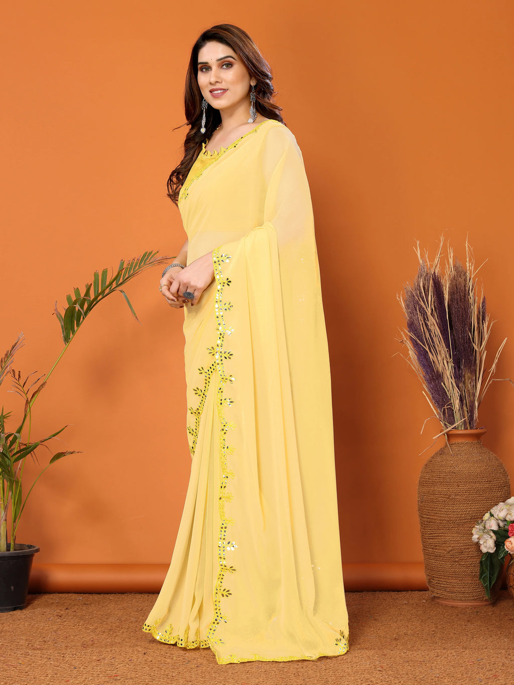 SHYAMIKA Georgette Mirror Work Plain Saree with Blouse