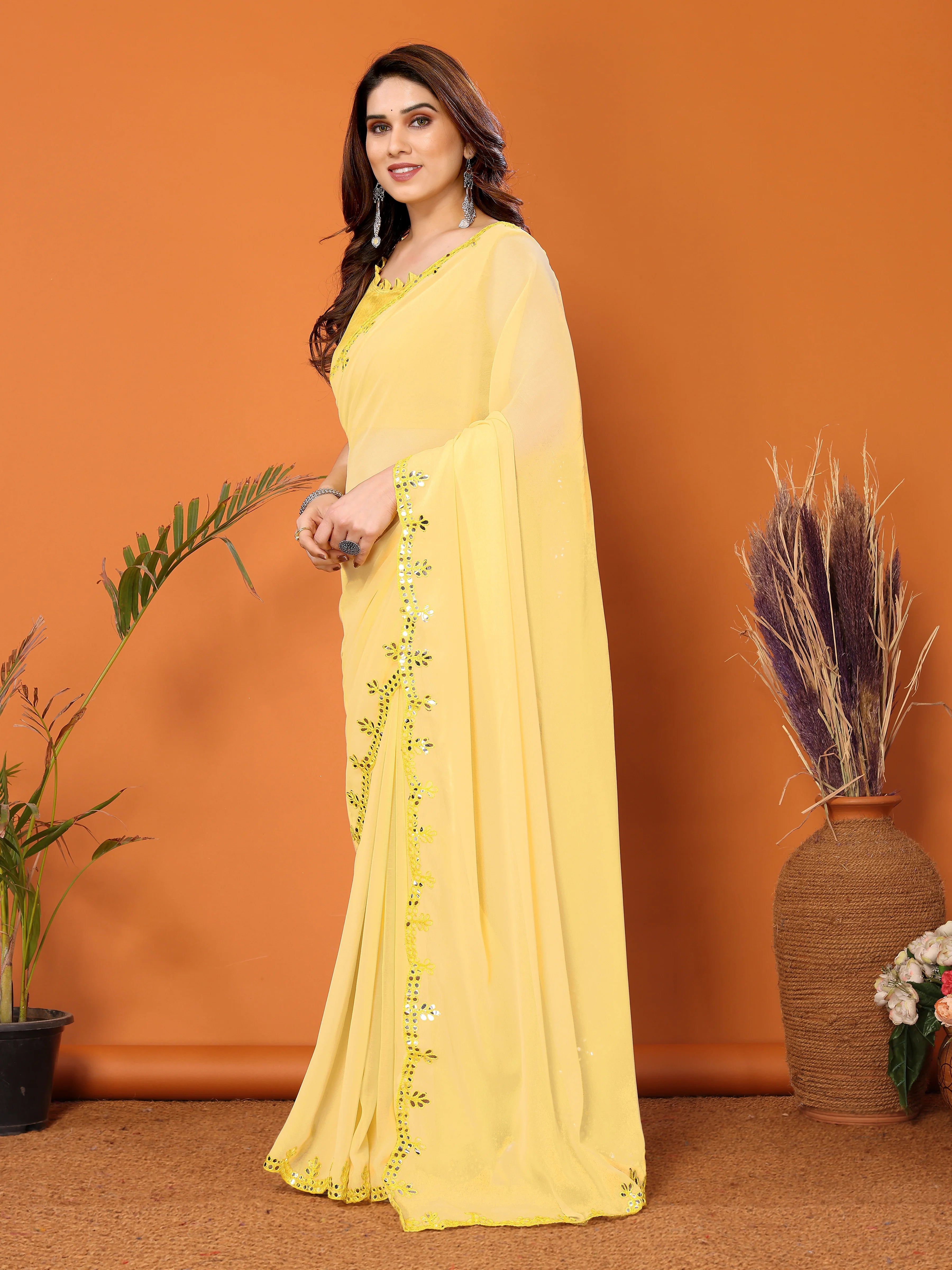 SHYAMIKA Georgette Mirror Work Plain Saree with Blouse