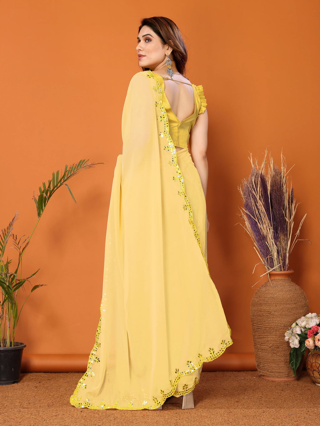 SHYAMIKA Georgette Mirror Work Plain Saree with Blouse