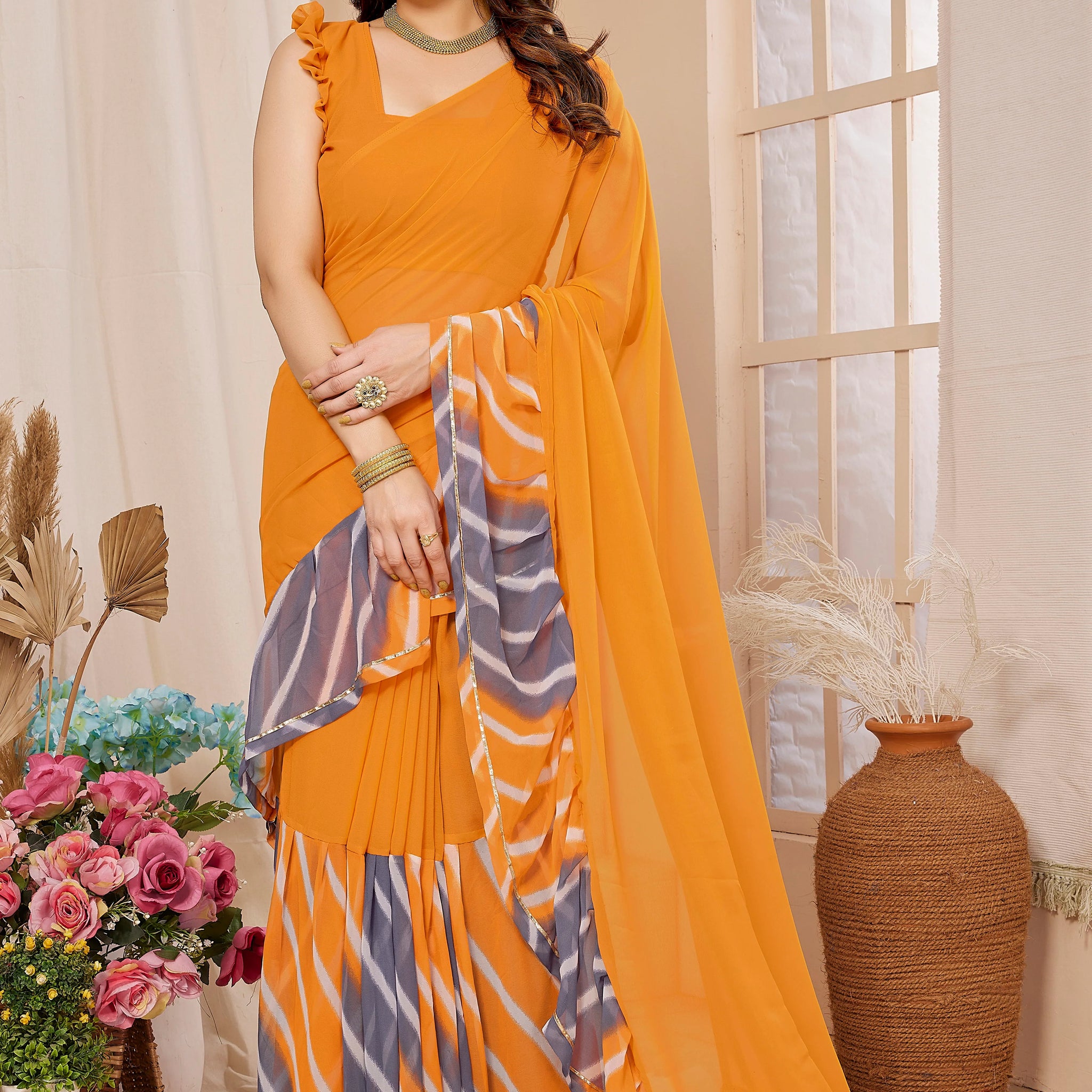 SHYAMIKA Georgette Ruffle Mix Color Saree with Blouse