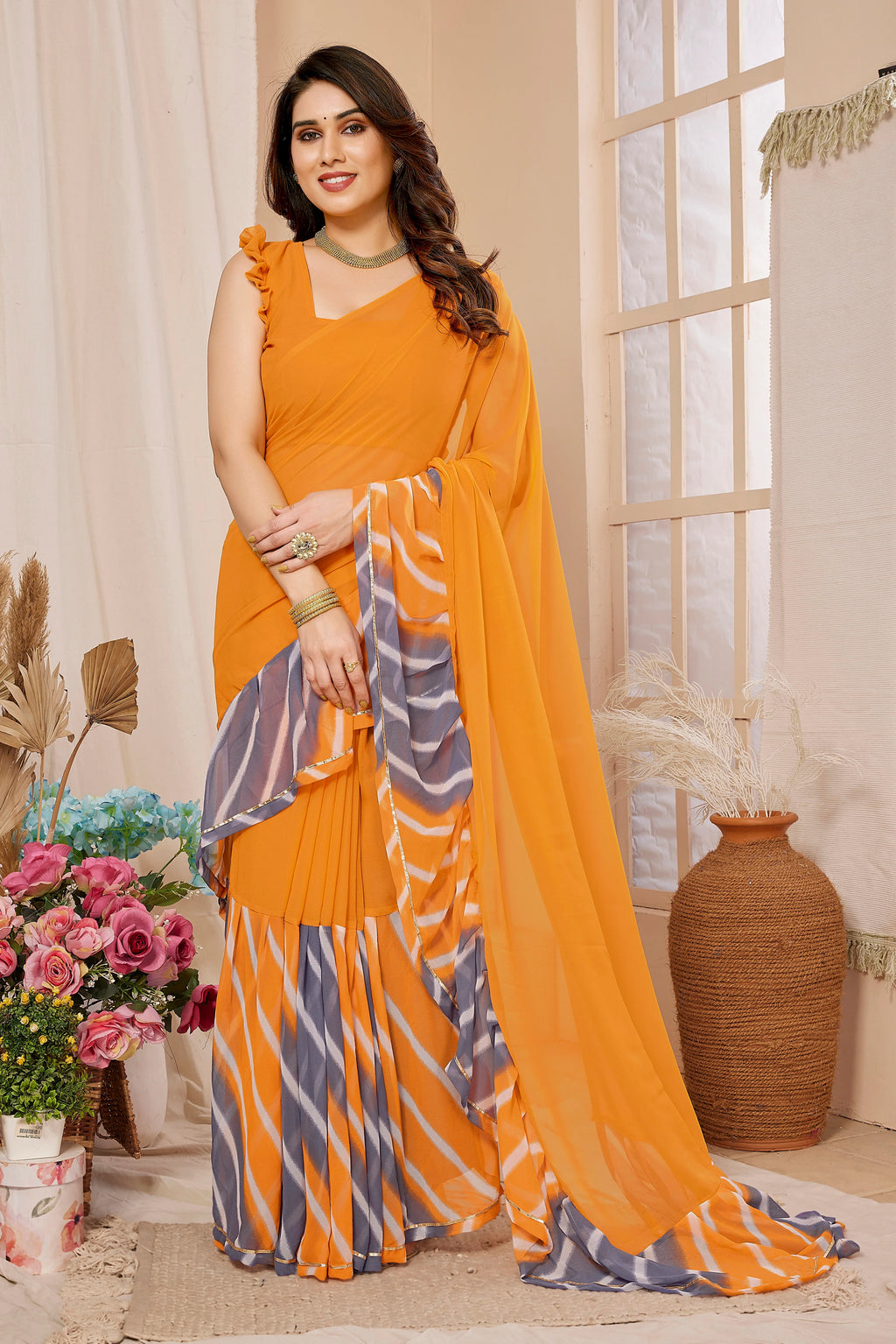 SHYAMIKA Georgette Ruffle Mix Color Saree with Blouse