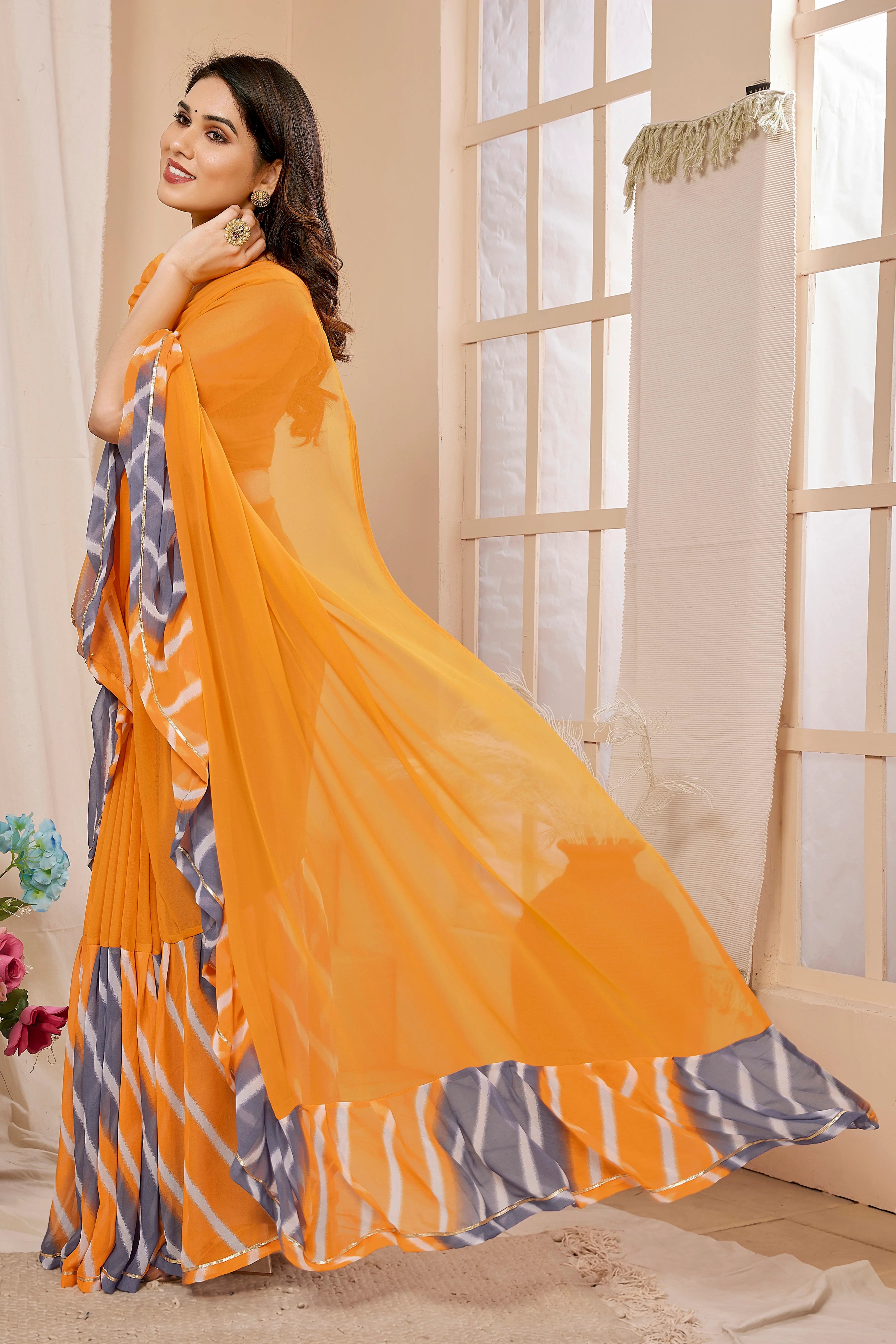 SHYAMIKA Georgette Ruffle Mix Color Saree with Blouse