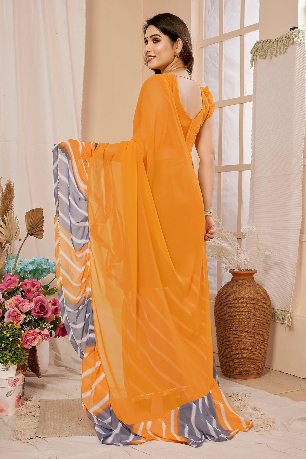 SHYAMIKA Georgette Ruffle Mix Color Saree with Blouse