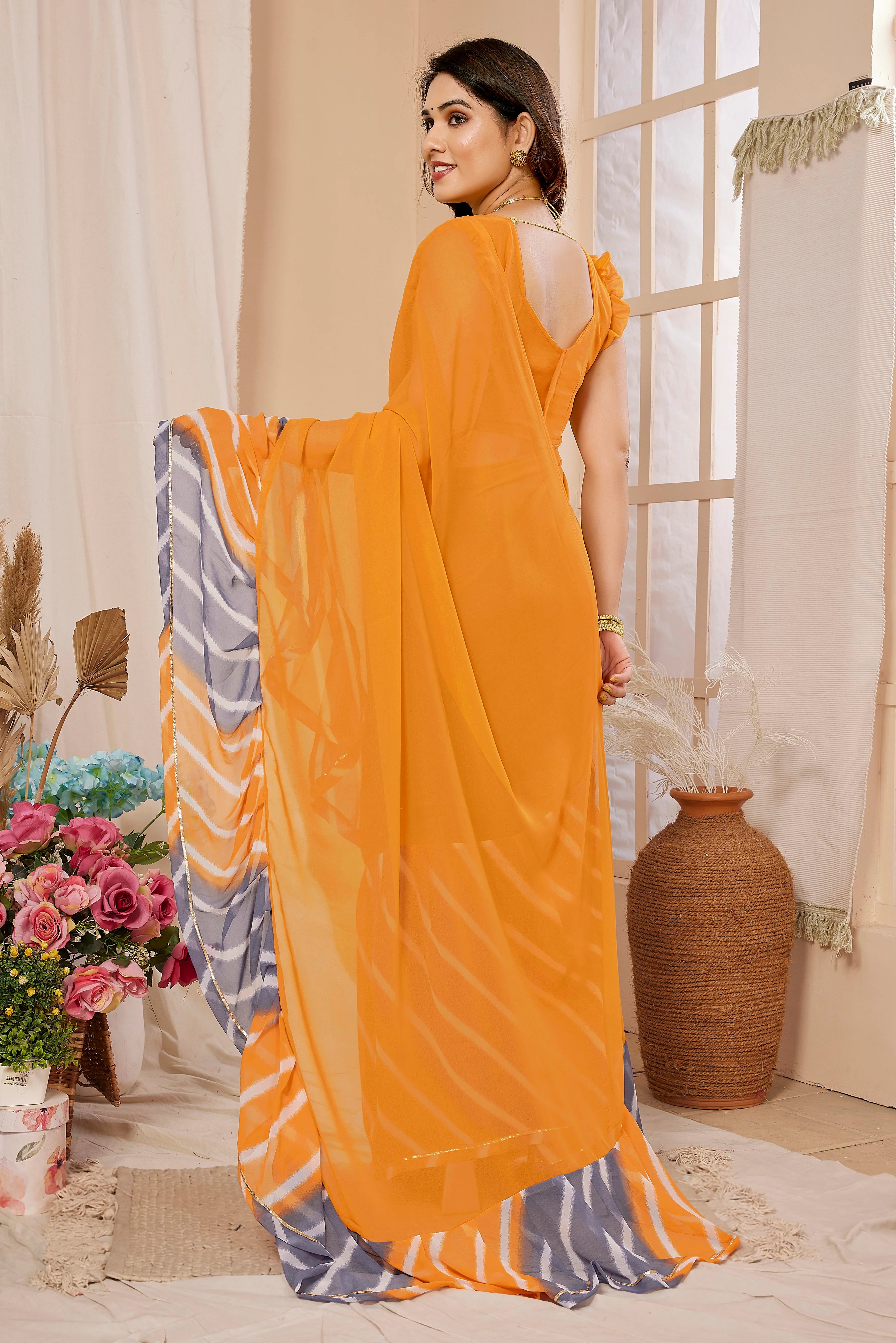 SHYAMIKA Georgette Ruffle Mix Color Saree with Blouse