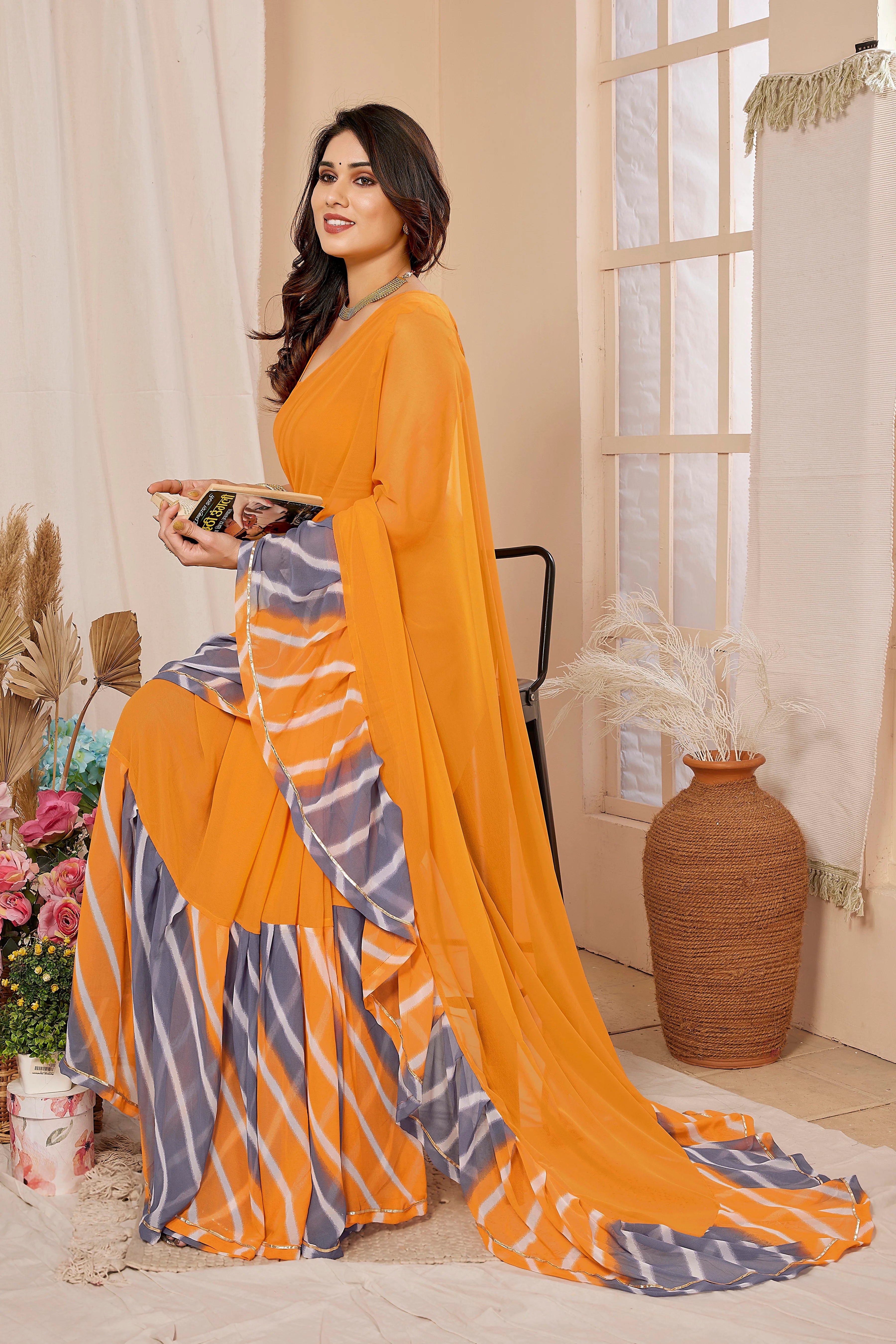 SHYAMIKA Georgette Ruffle Mix Color Saree with Blouse