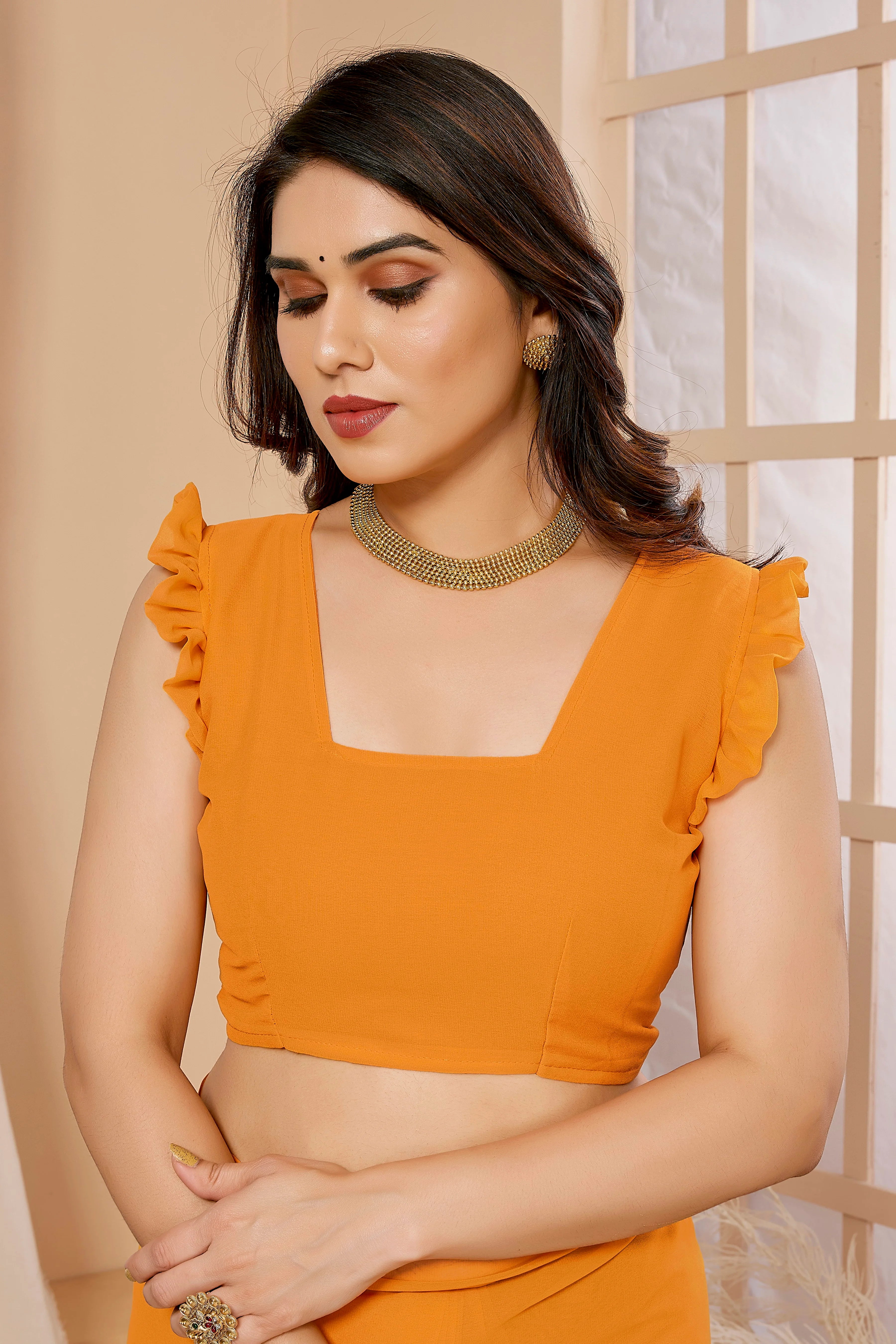 SHYAMIKA Georgette Ruffle Mix Color Saree with Blouse
