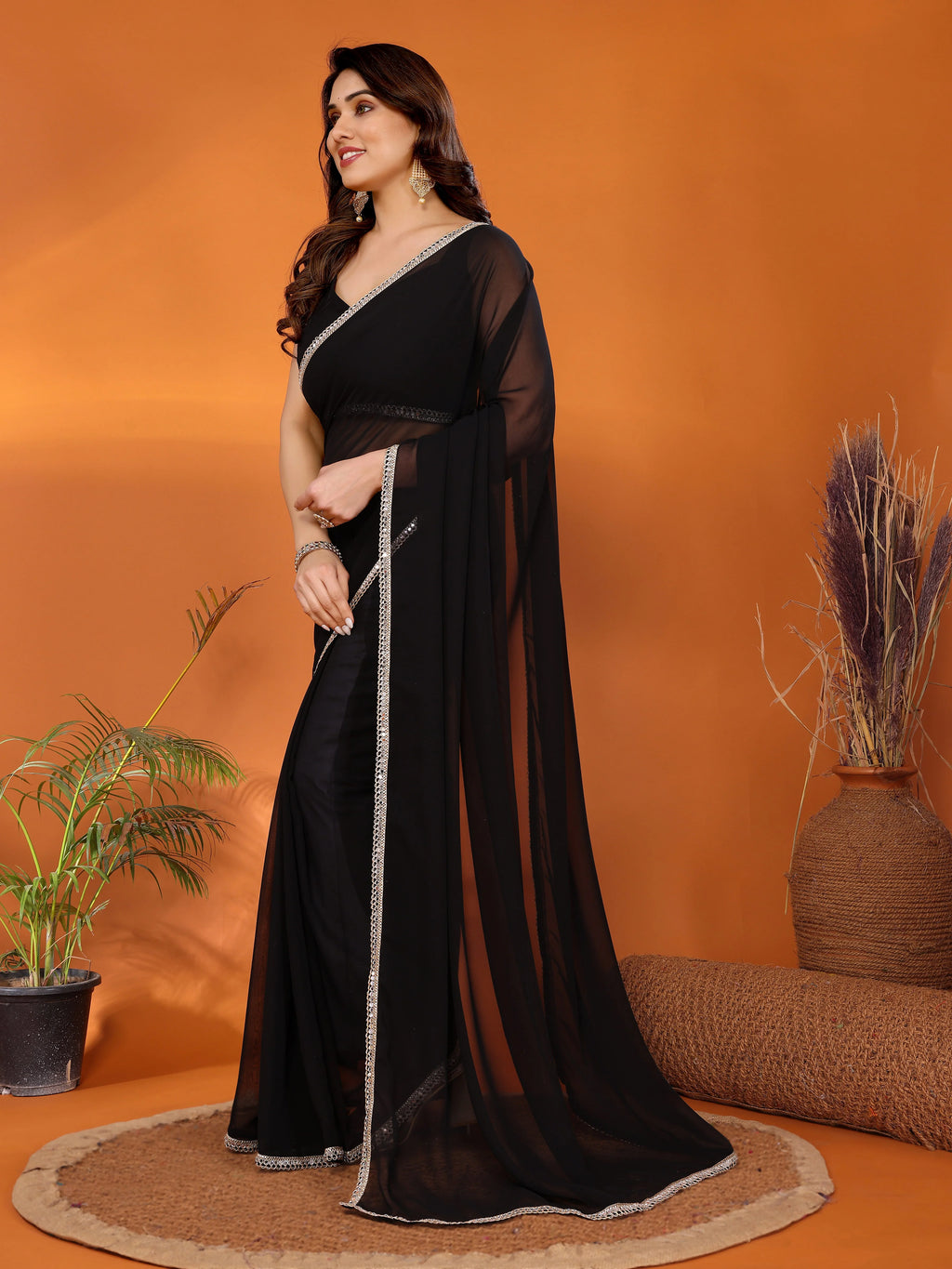SHYAMIKA Georgette Solid Saree with Mirror Border & Blouse