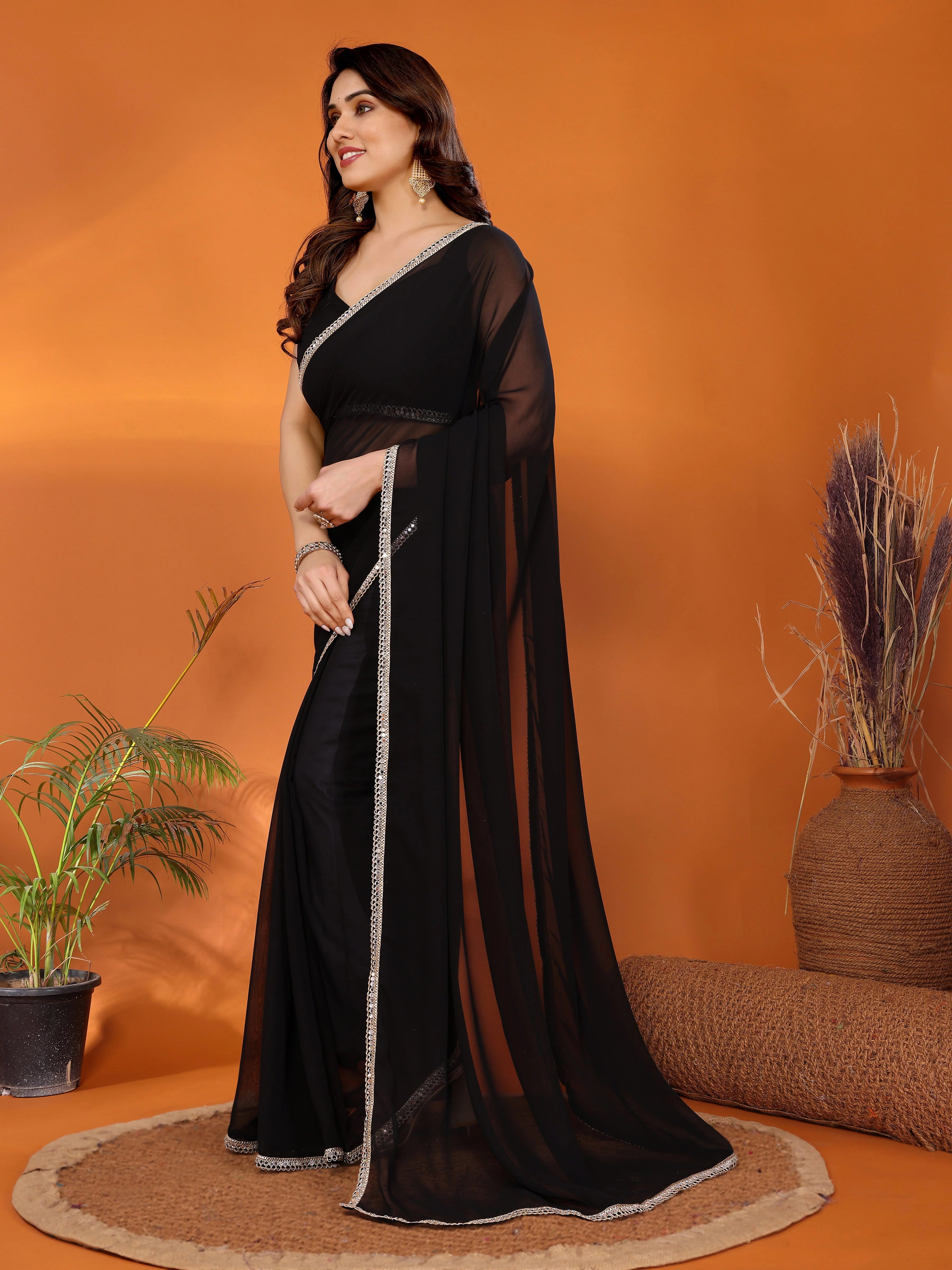 SHYAMIKA Georgette Solid Saree with Mirror Border & Blouse