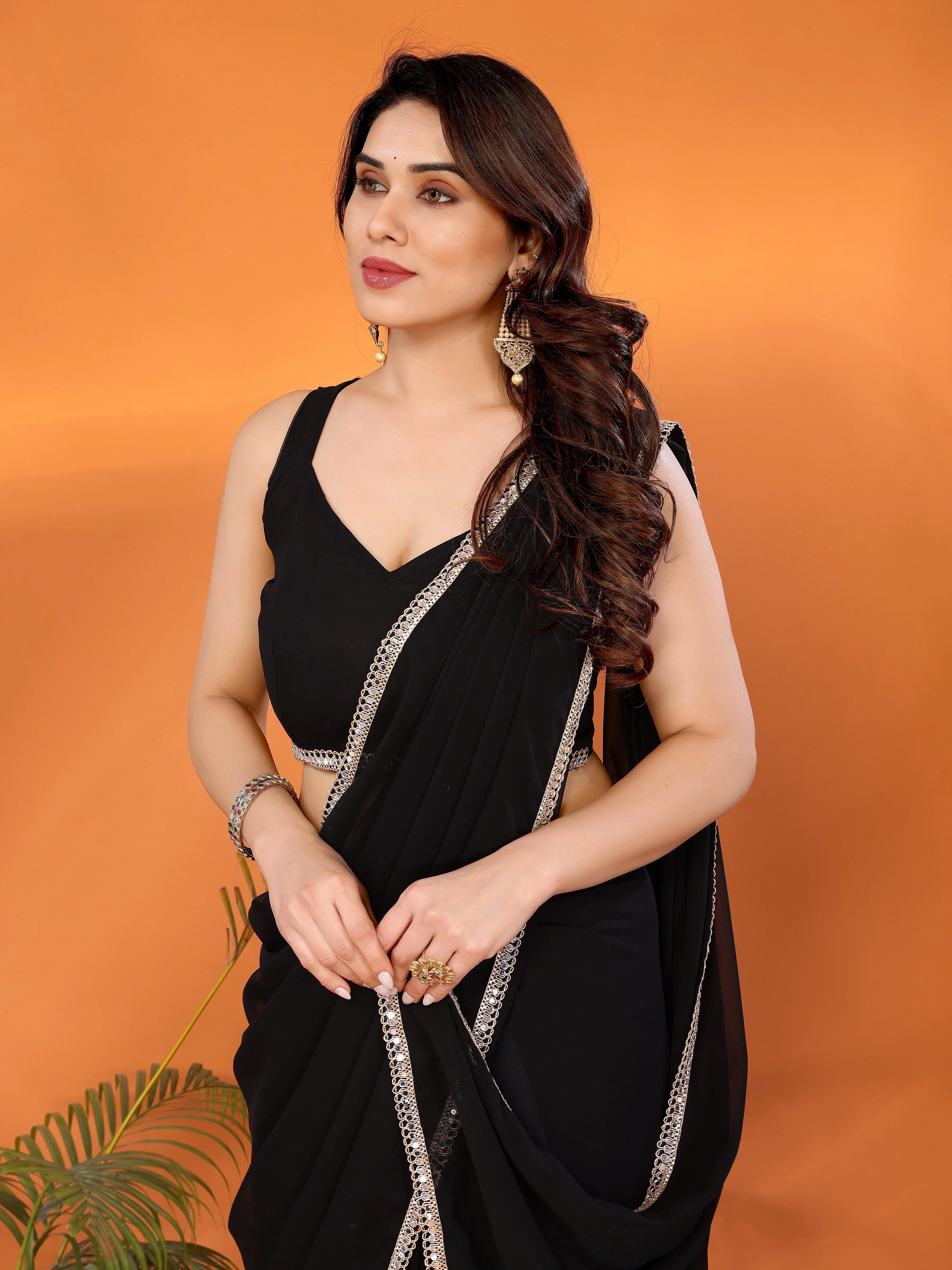 SHYAMIKA Georgette Solid Saree with Mirror Border & Blouse