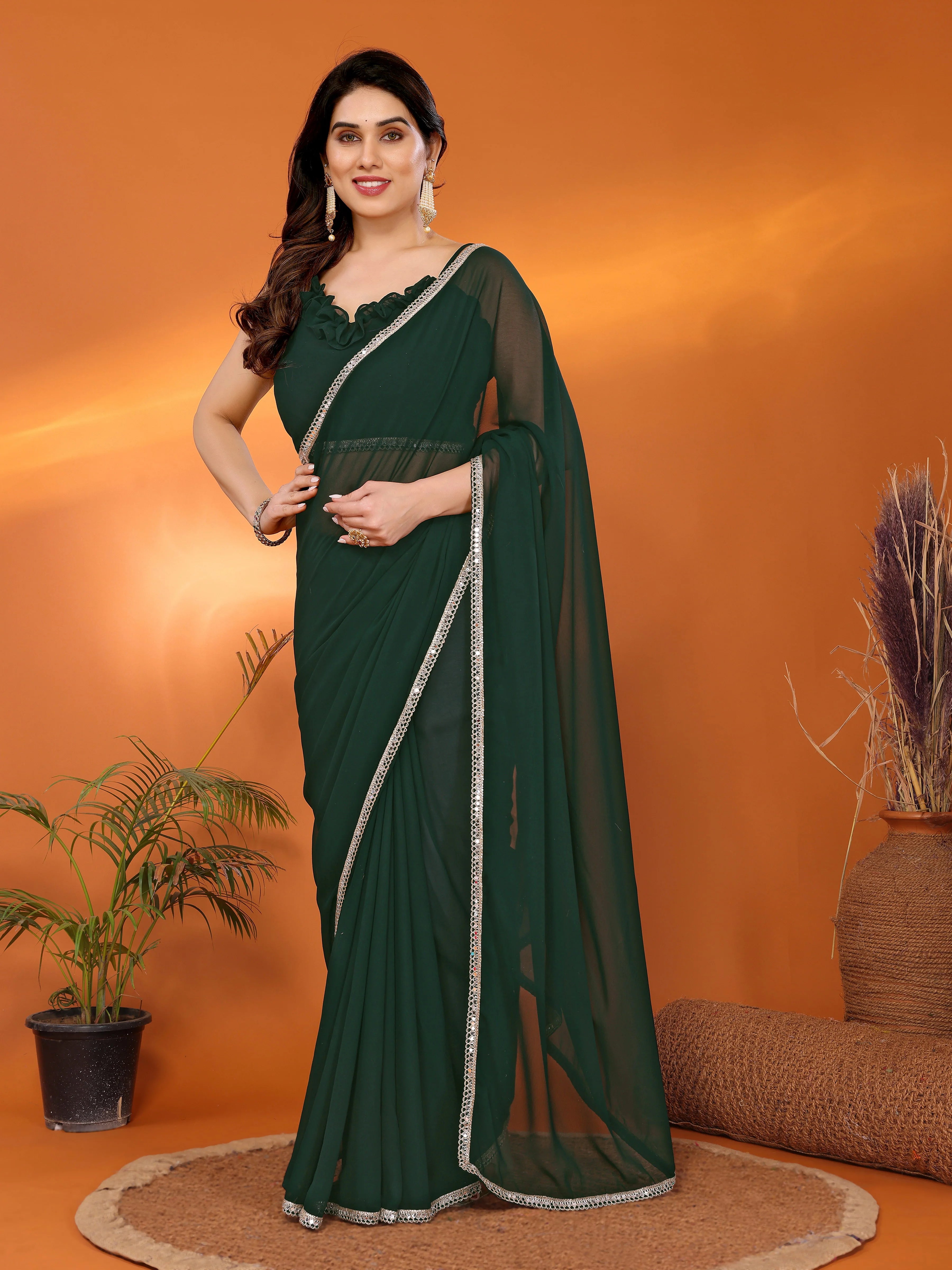 SHYAMIKA Georgette Solid Saree with Mirror Border & Blouse