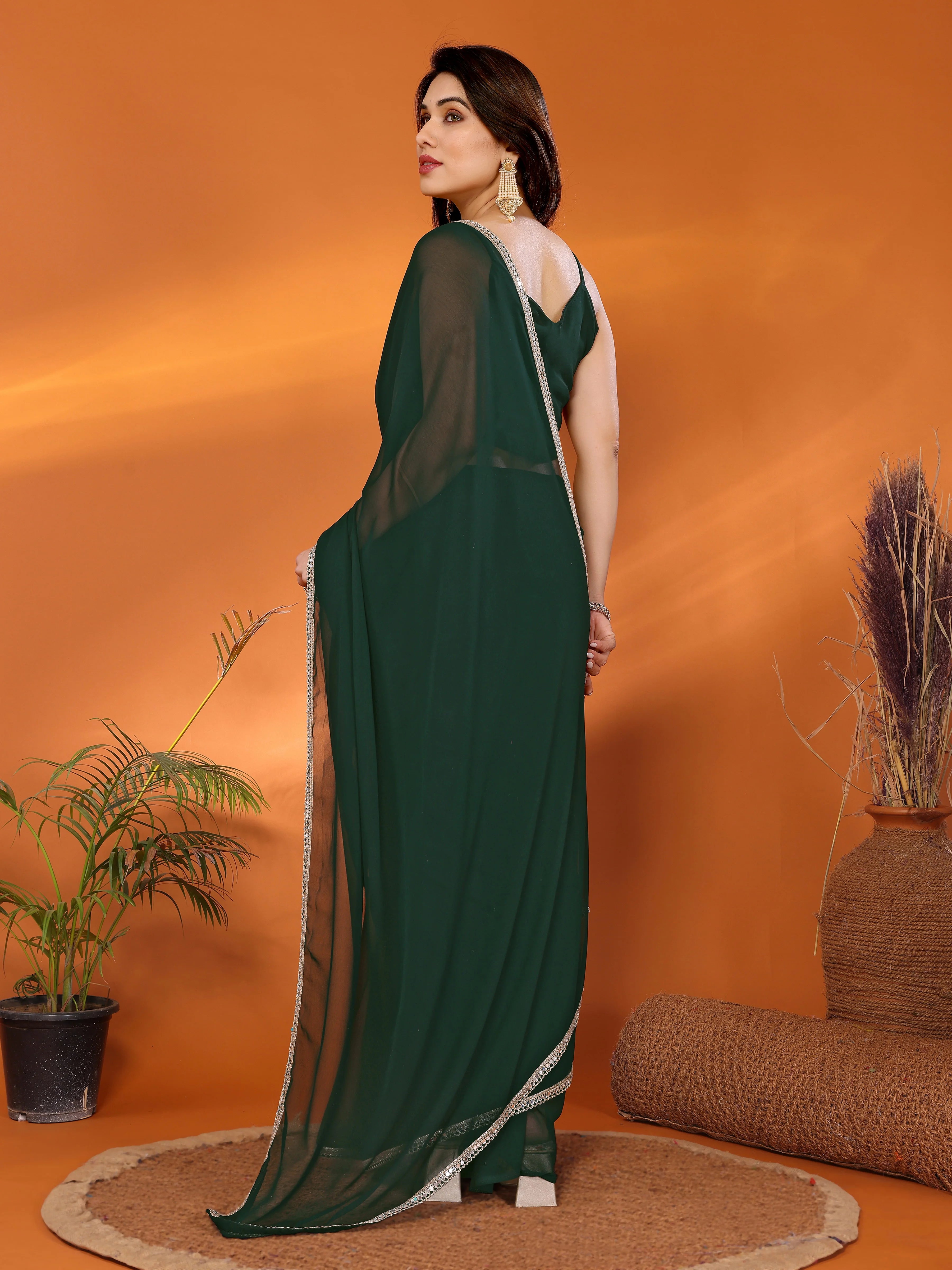 SHYAMIKA Georgette Solid Saree with Mirror Border & Blouse