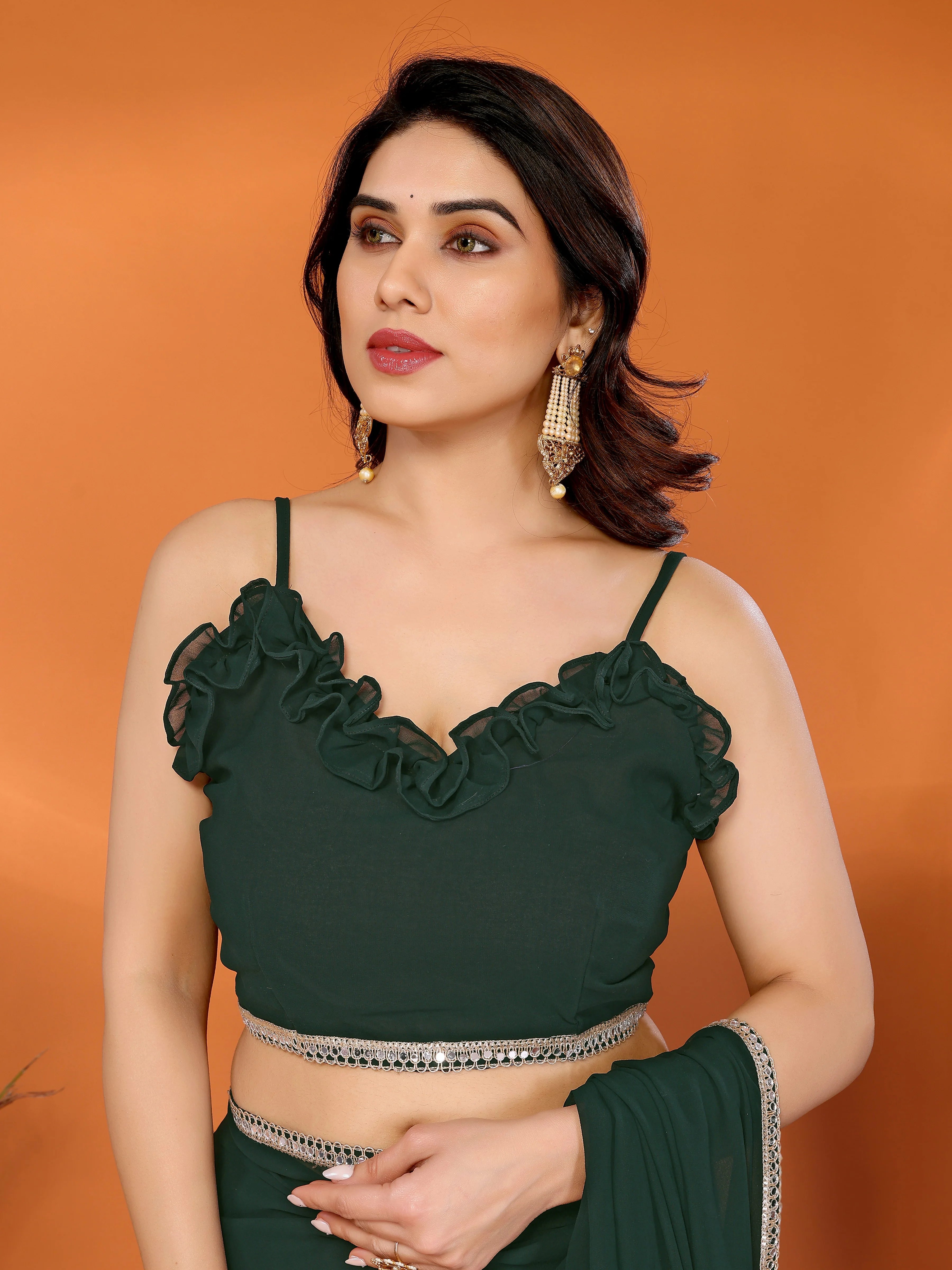 SHYAMIKA Georgette Solid Saree with Mirror Border & Blouse