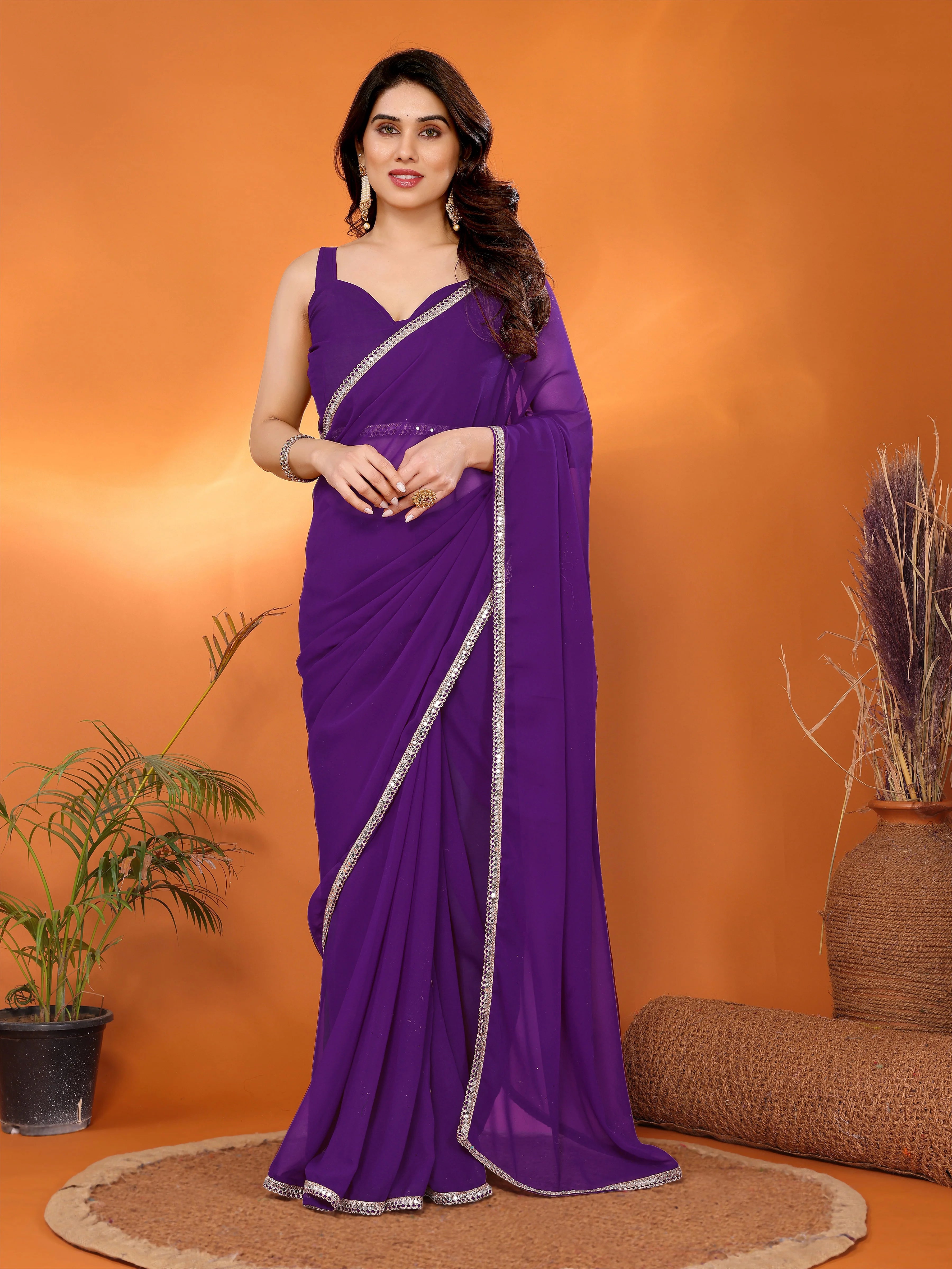 SHYAMIKA Georgette Solid Saree with Mirror Border & Blouse