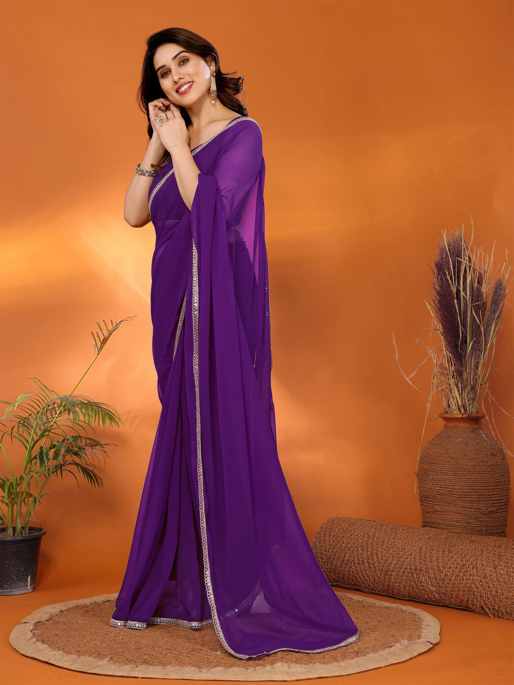 SHYAMIKA Georgette Solid Saree with Mirror Border & Blouse