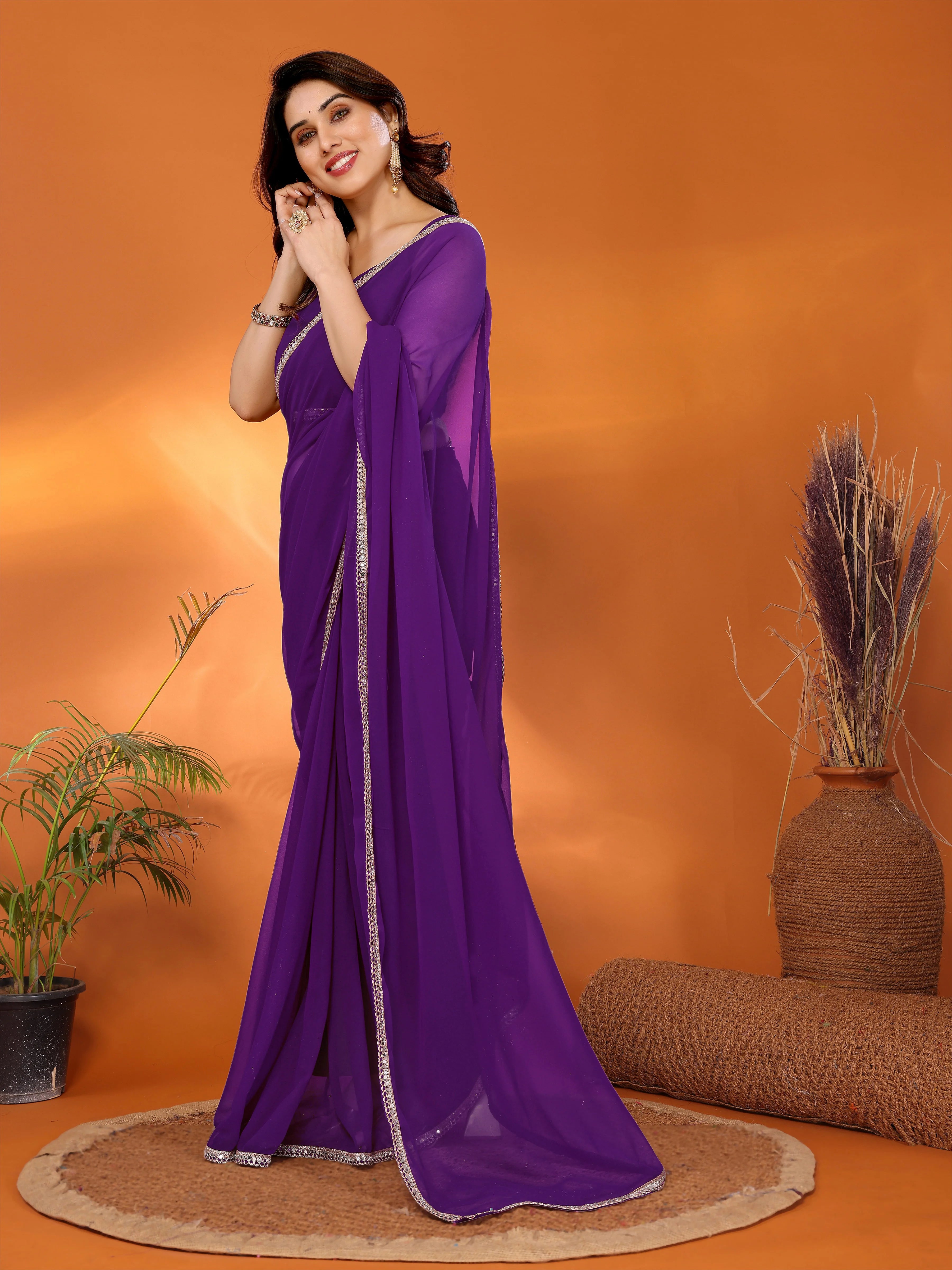 SHYAMIKA Georgette Solid Saree with Mirror Border & Blouse
