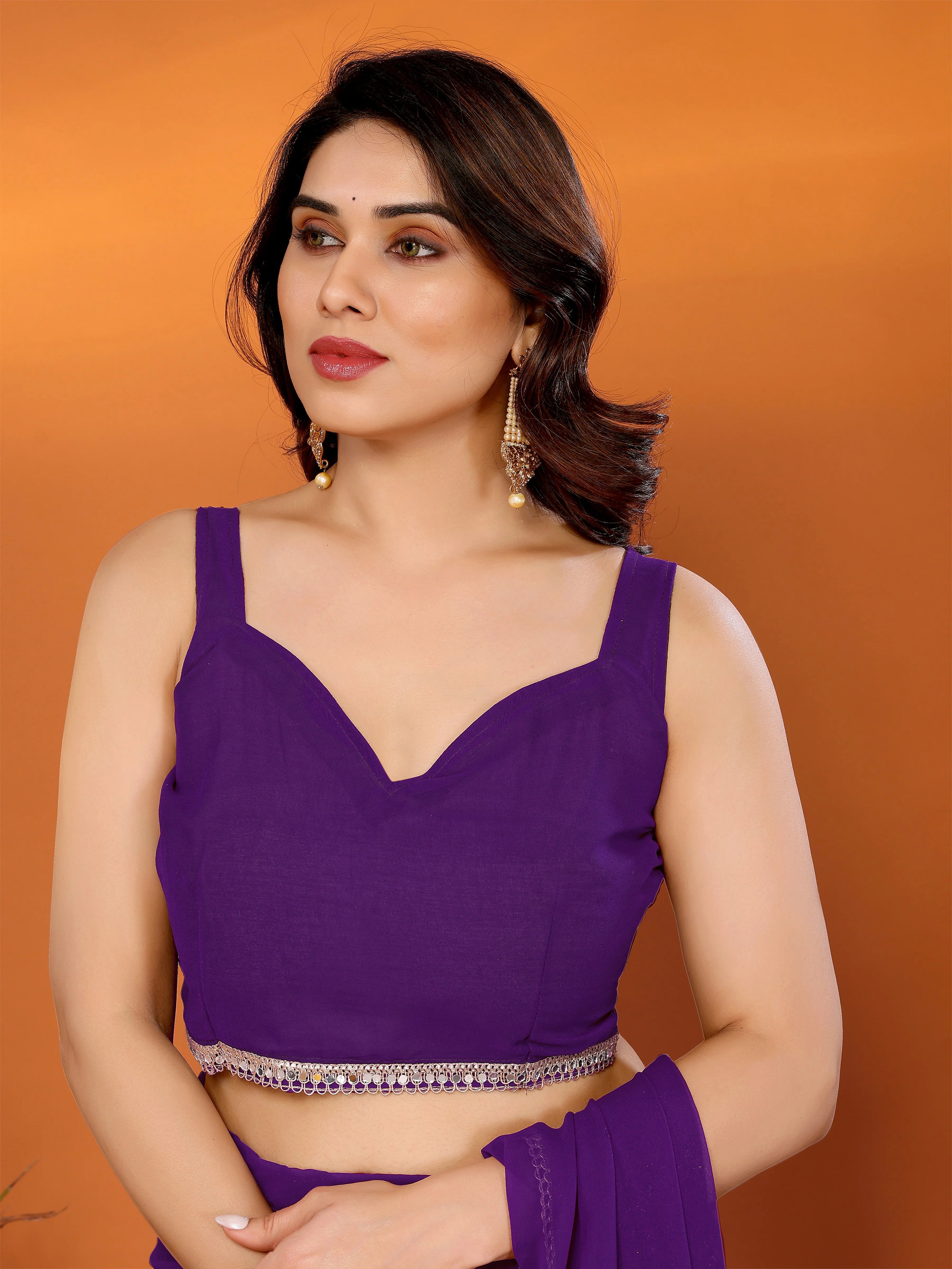 SHYAMIKA Georgette Solid Saree with Mirror Border & Blouse