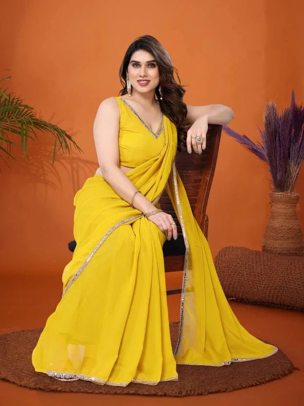 SHYAMIKA Georgette Solid Saree with Mirror Border & Blouse
