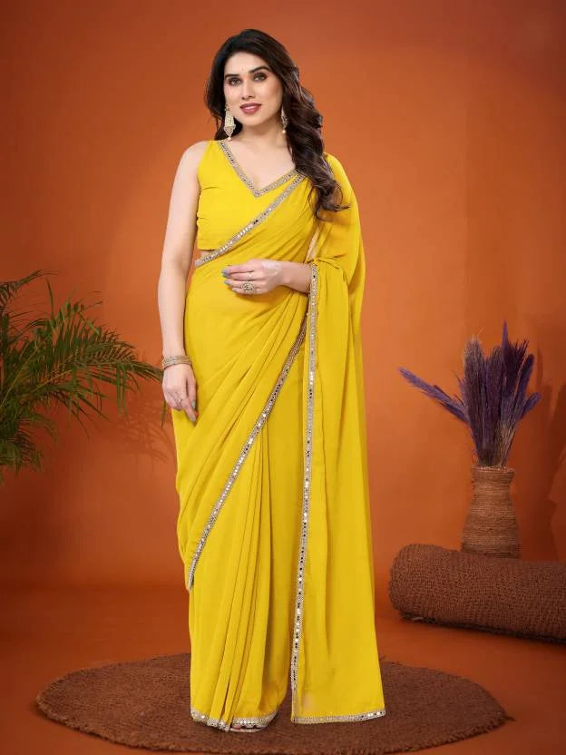 SHYAMIKA Georgette Solid Saree with Mirror Border & Blouse
