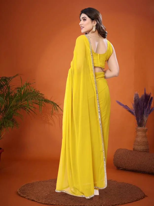 SHYAMIKA Georgette Solid Saree with Mirror Border & Blouse