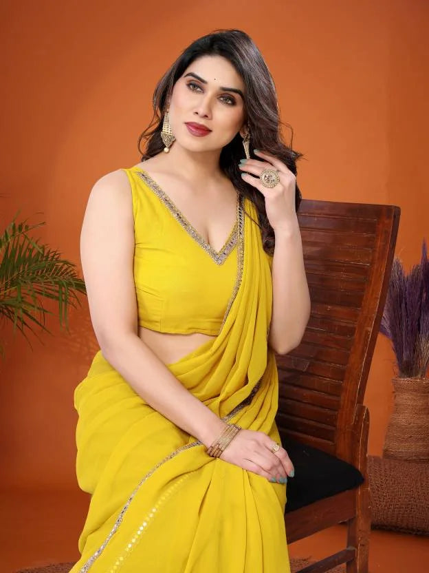 SHYAMIKA Georgette Solid Saree with Mirror Border & Blouse