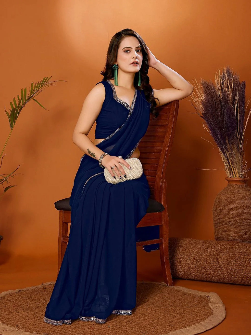 SHYAMIKA Georgette Solid Saree with Mirror Border & Blouse