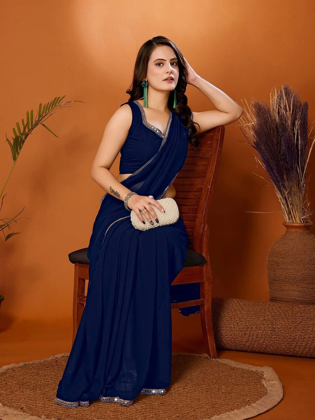 SHYAMIKA Georgette Solid Saree with Mirror Border & Blouse