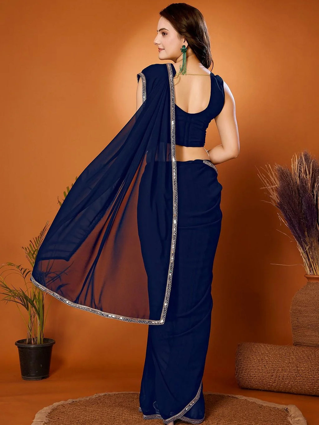 SHYAMIKA Georgette Solid Saree with Mirror Border & Blouse