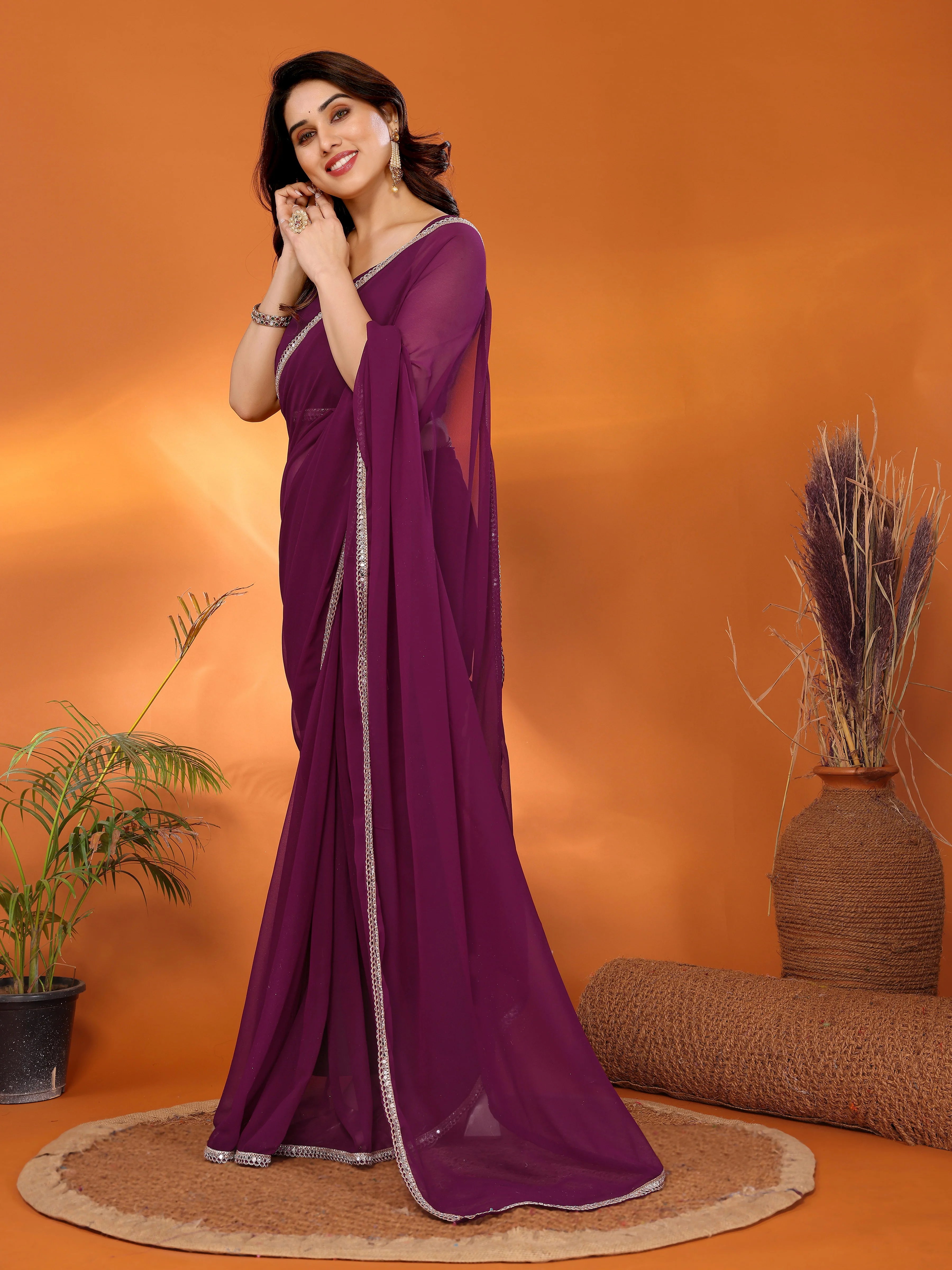 SHYAMIKA Georgette Solid Saree with Mirror Border & Blouse