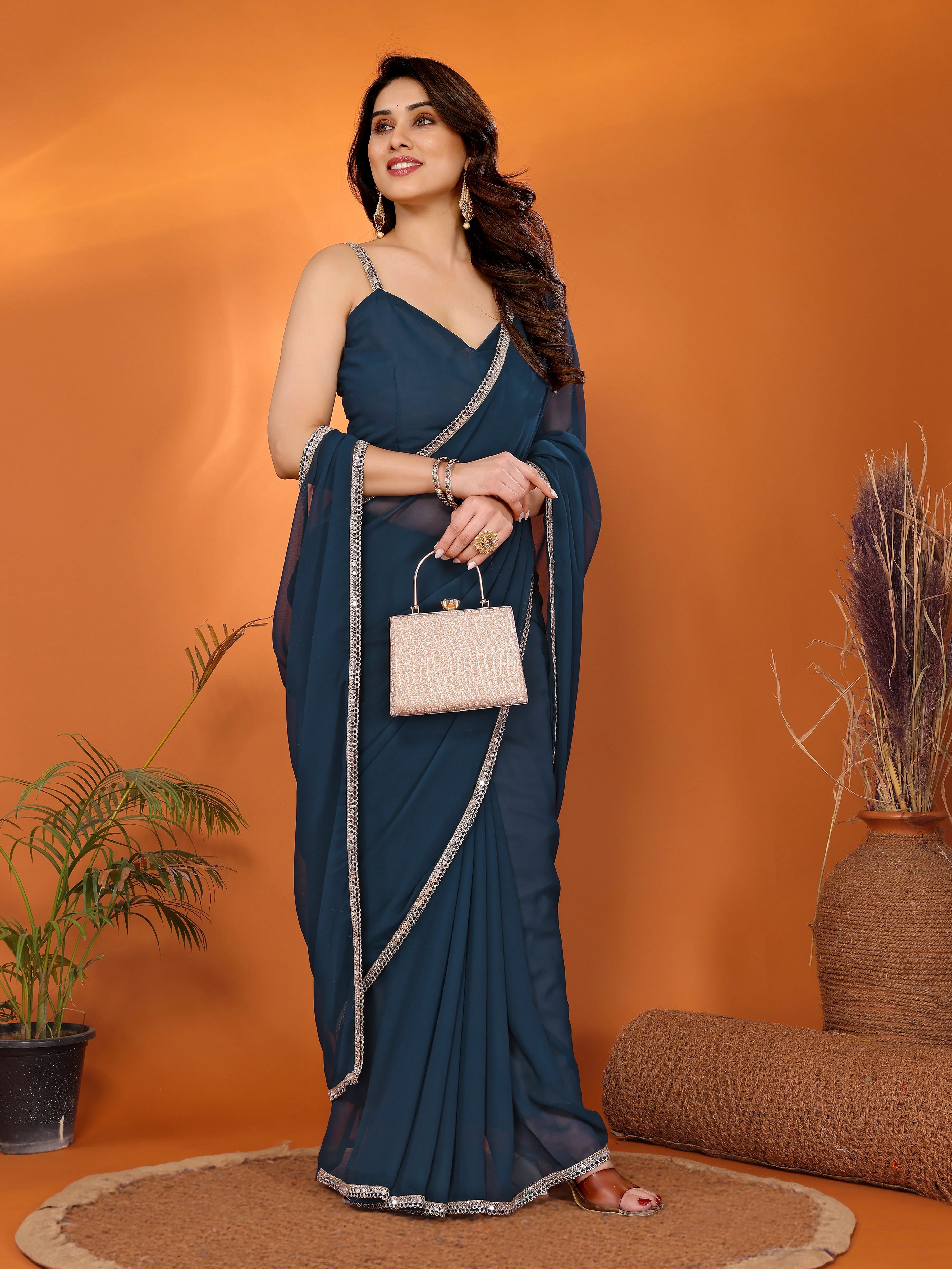 SHYAMIKA Georgette Solid Saree with Mirror Border & Blouse