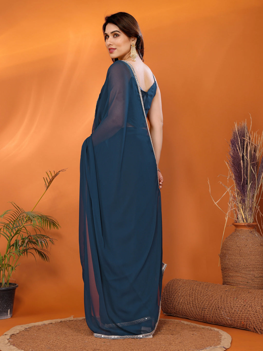 SHYAMIKA Georgette Solid Saree with Mirror Border & Blouse