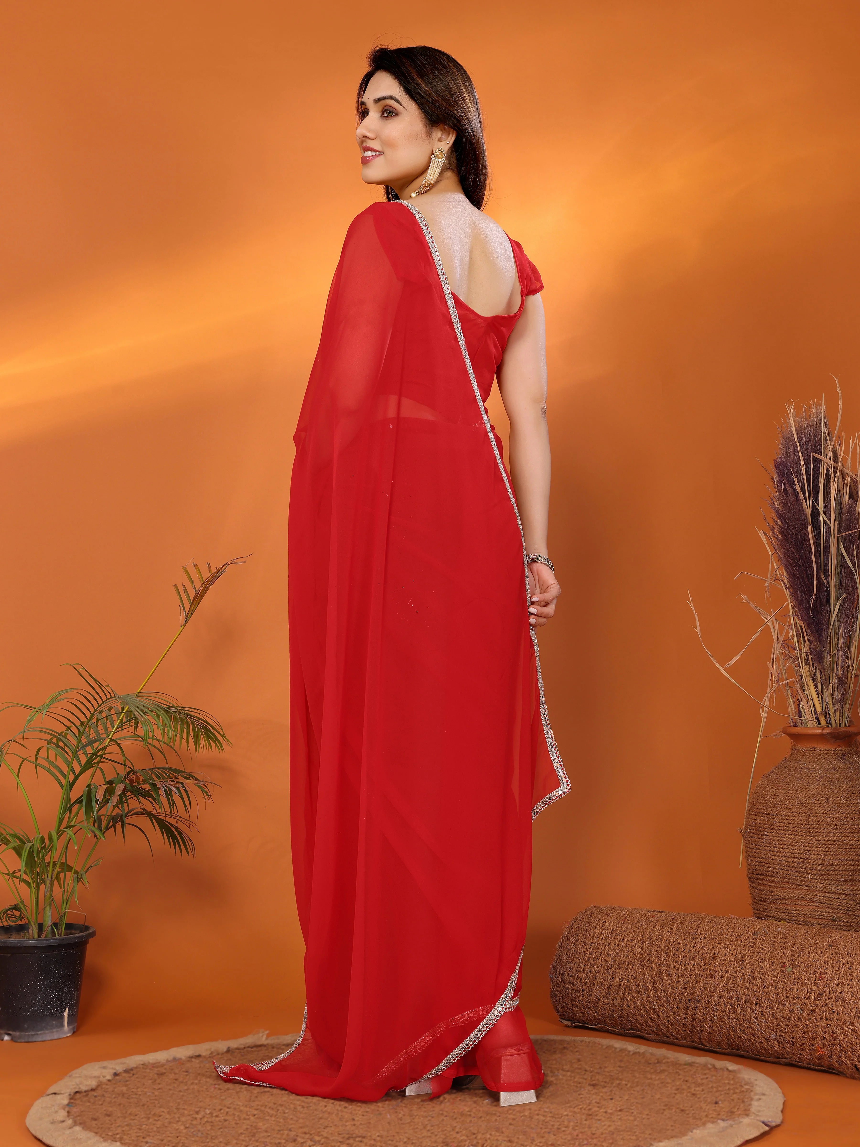 SHYAMIKA Georgette Solid Saree with Mirror Border & Blouse