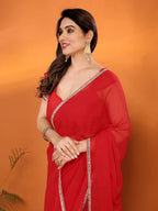 SHYAMIKA Georgette Solid Saree with Mirror Border & Blouse