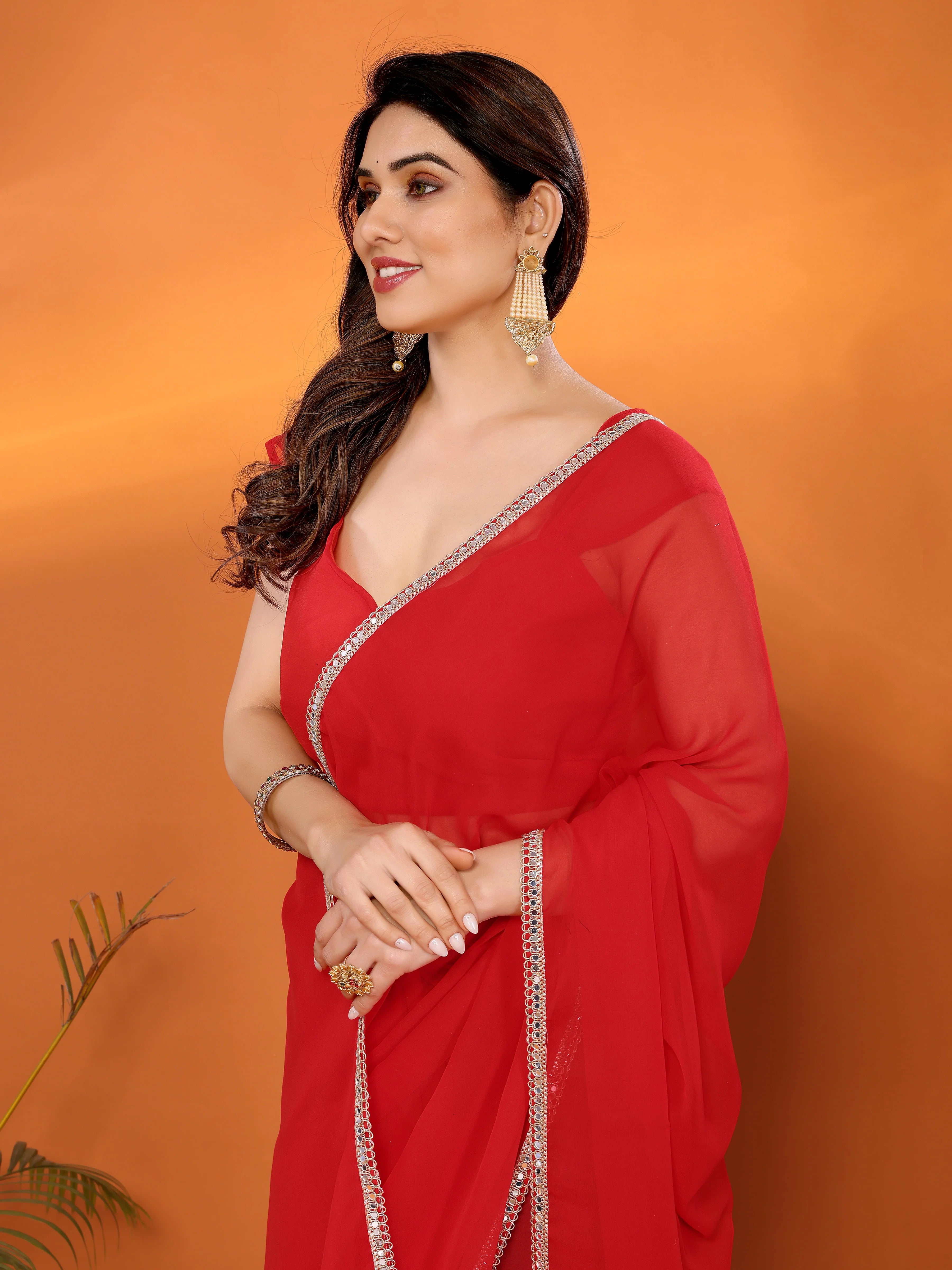 SHYAMIKA Georgette Solid Saree with Mirror Border & Blouse