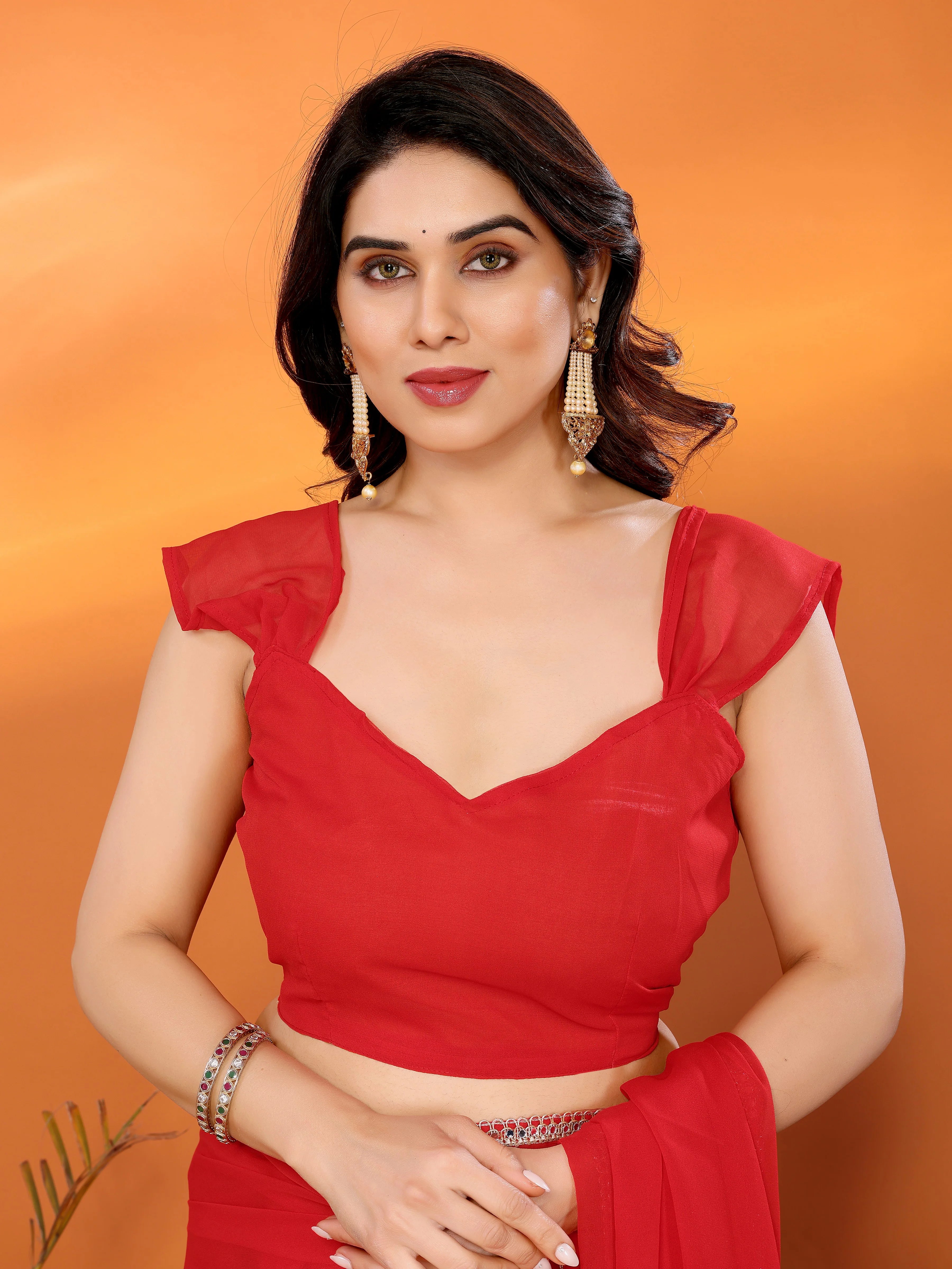SHYAMIKA Georgette Solid Saree with Mirror Border & Blouse