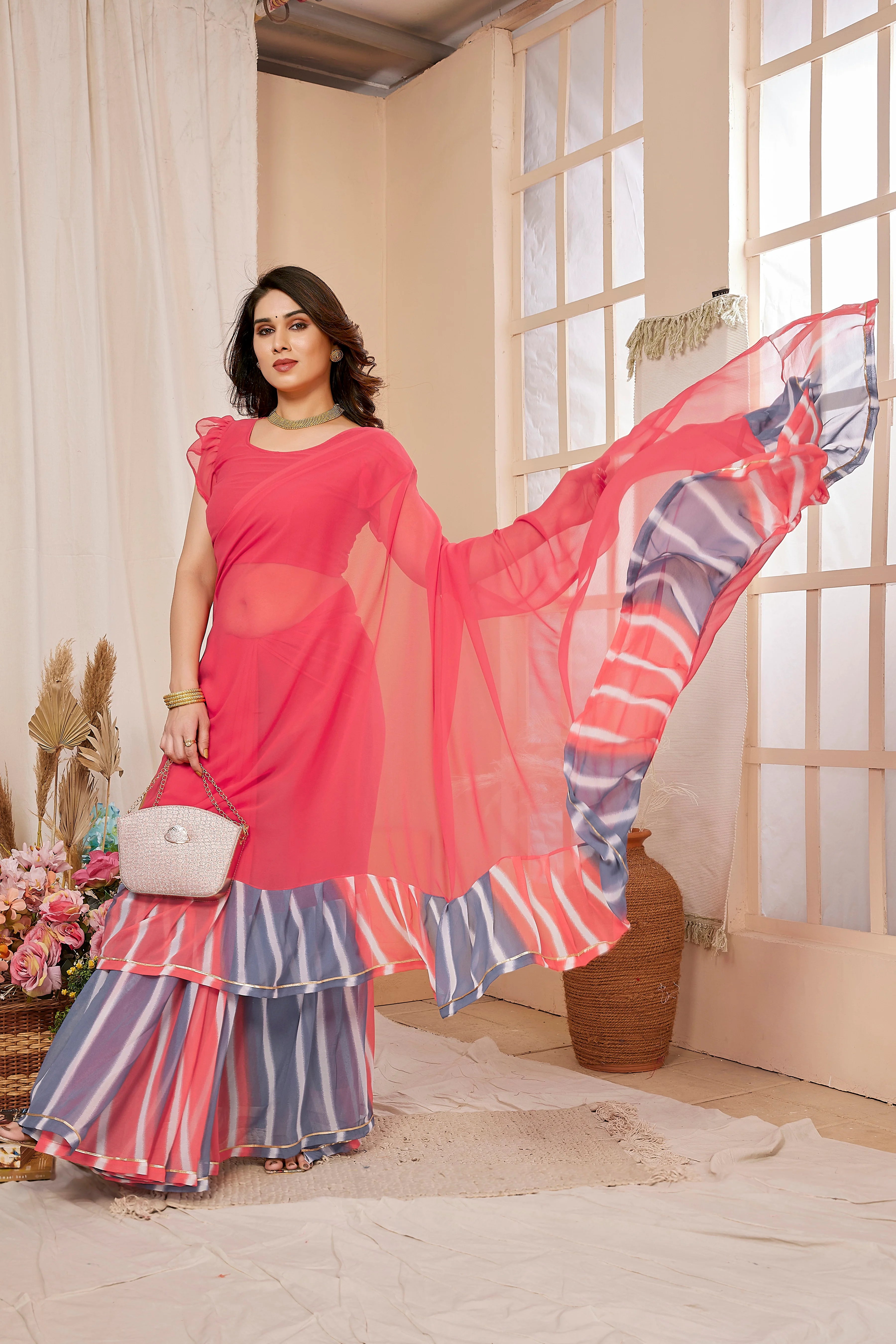 SHYAMIKA Georgette Ruffle Mix Color Saree with Blouse