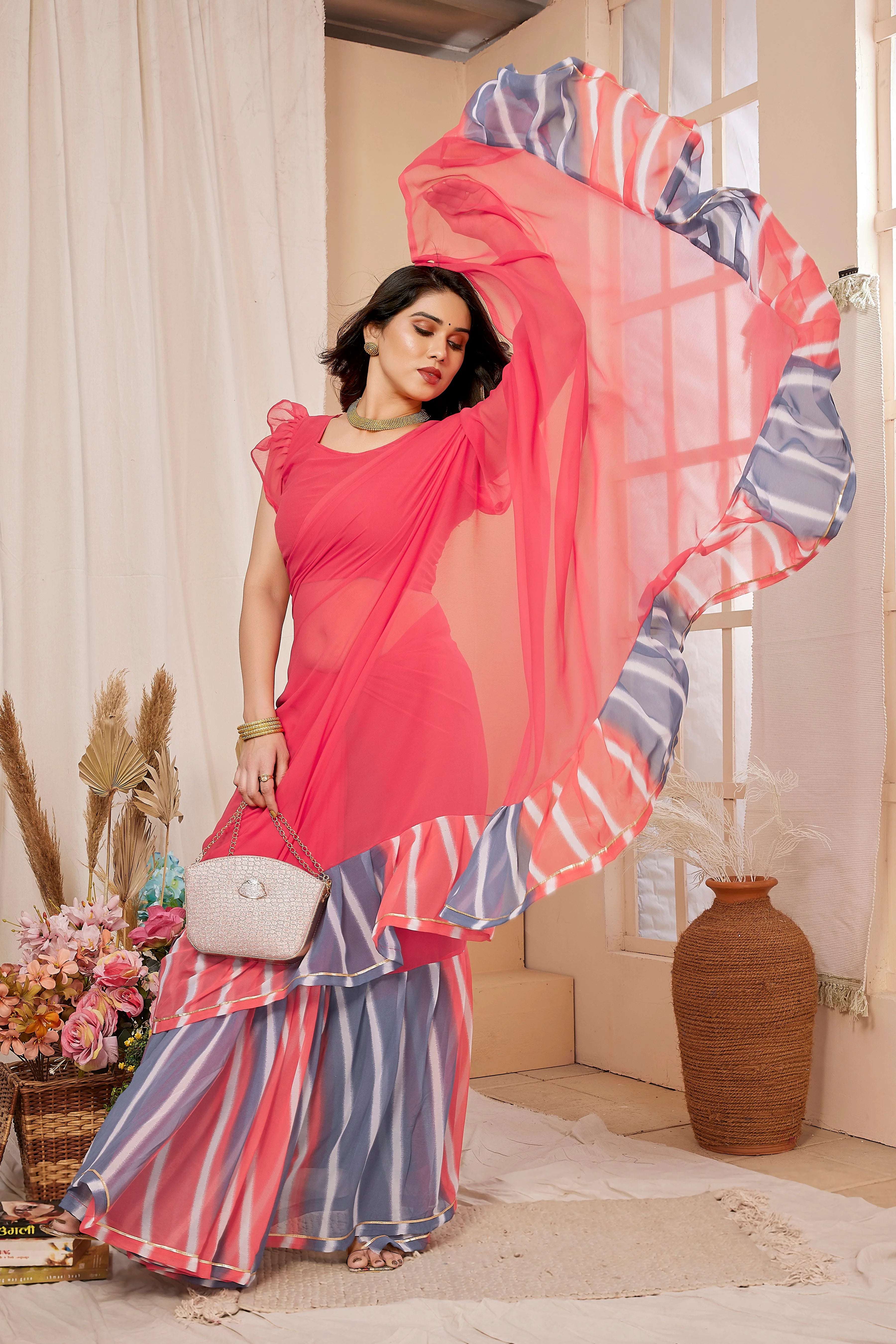 SHYAMIKA Georgette Ruffle Mix Color Saree with Blouse
